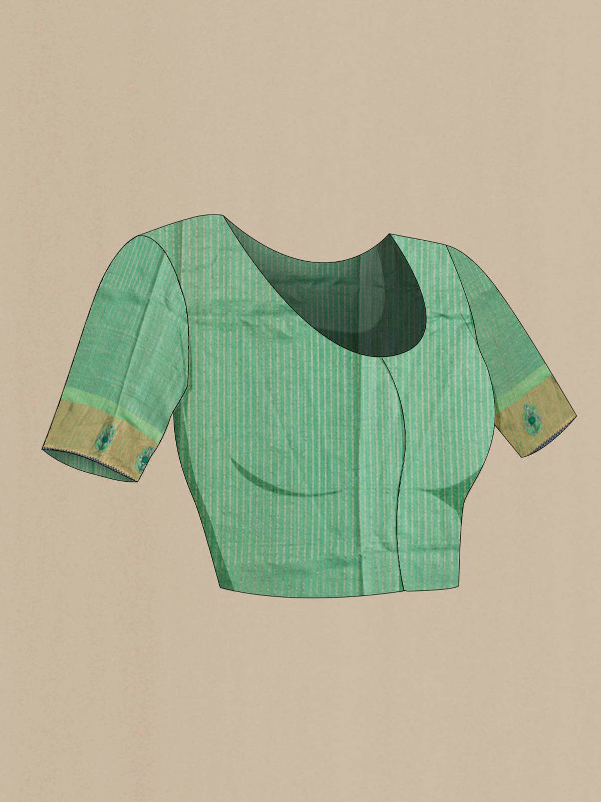 Close up image of the blouse of Green Tussar Silk Saree with Embroidery on the body and Zari Border