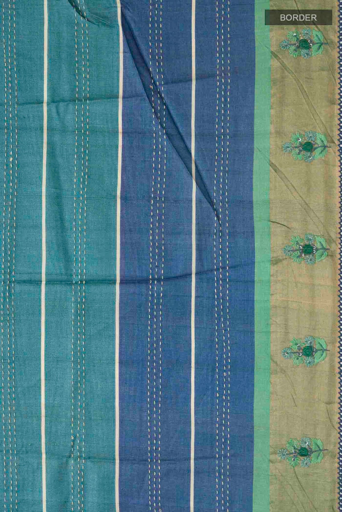 Border image of Green Tussar Silk Saree with Embroidery on the body and Zari Border