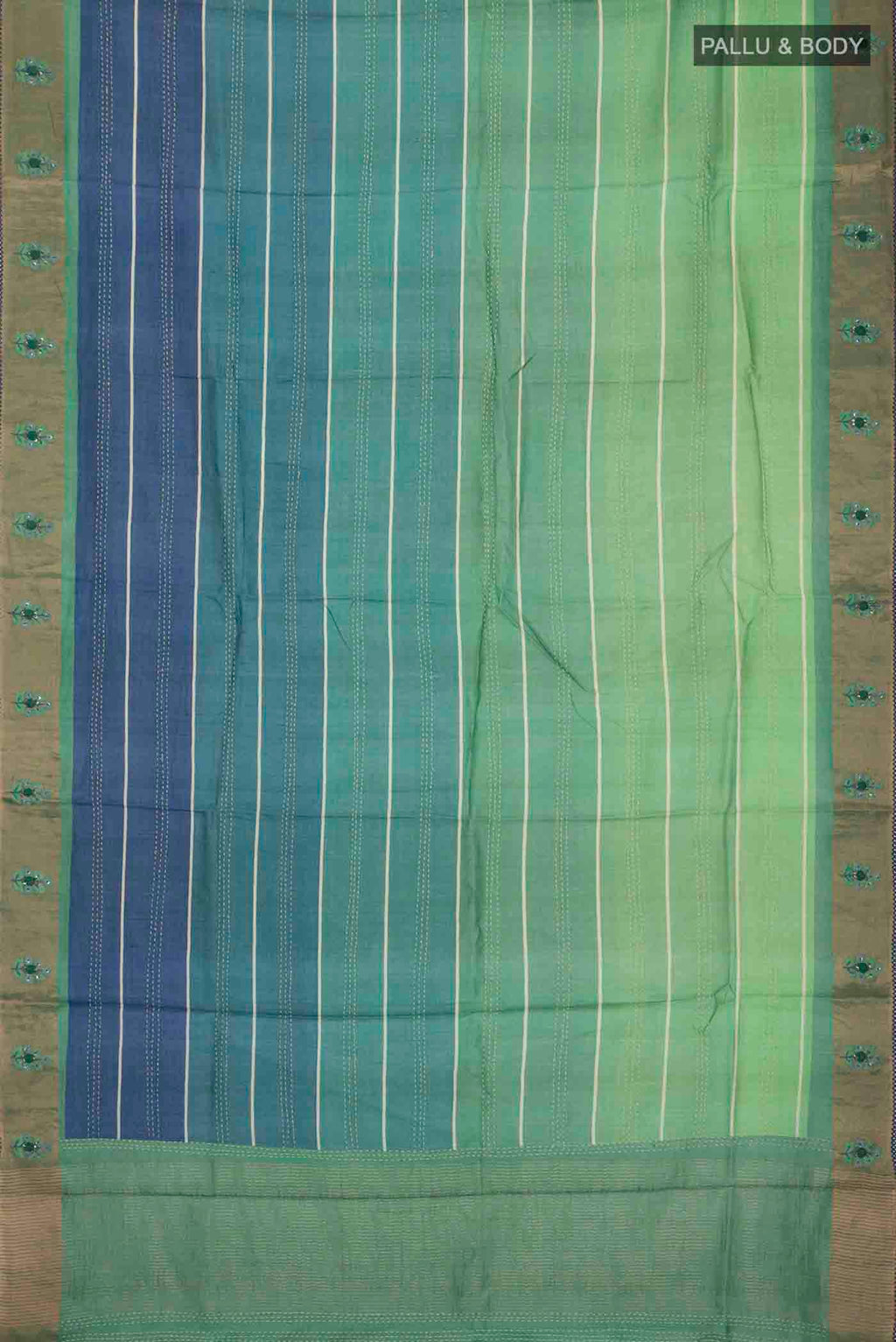 Flat view of Green Tussar Silk Saree with Embroidery on the body and Zari Border