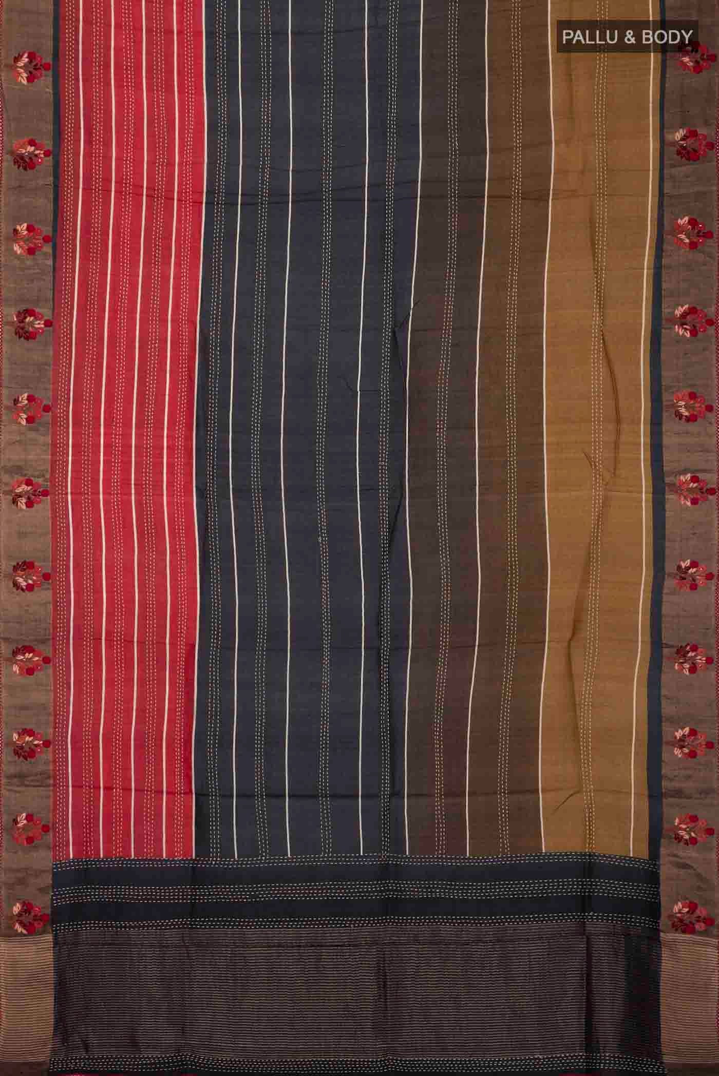 Flat view of Multi Color Tussar Silk Saree with Embroidery on the body and Embroidery Border
