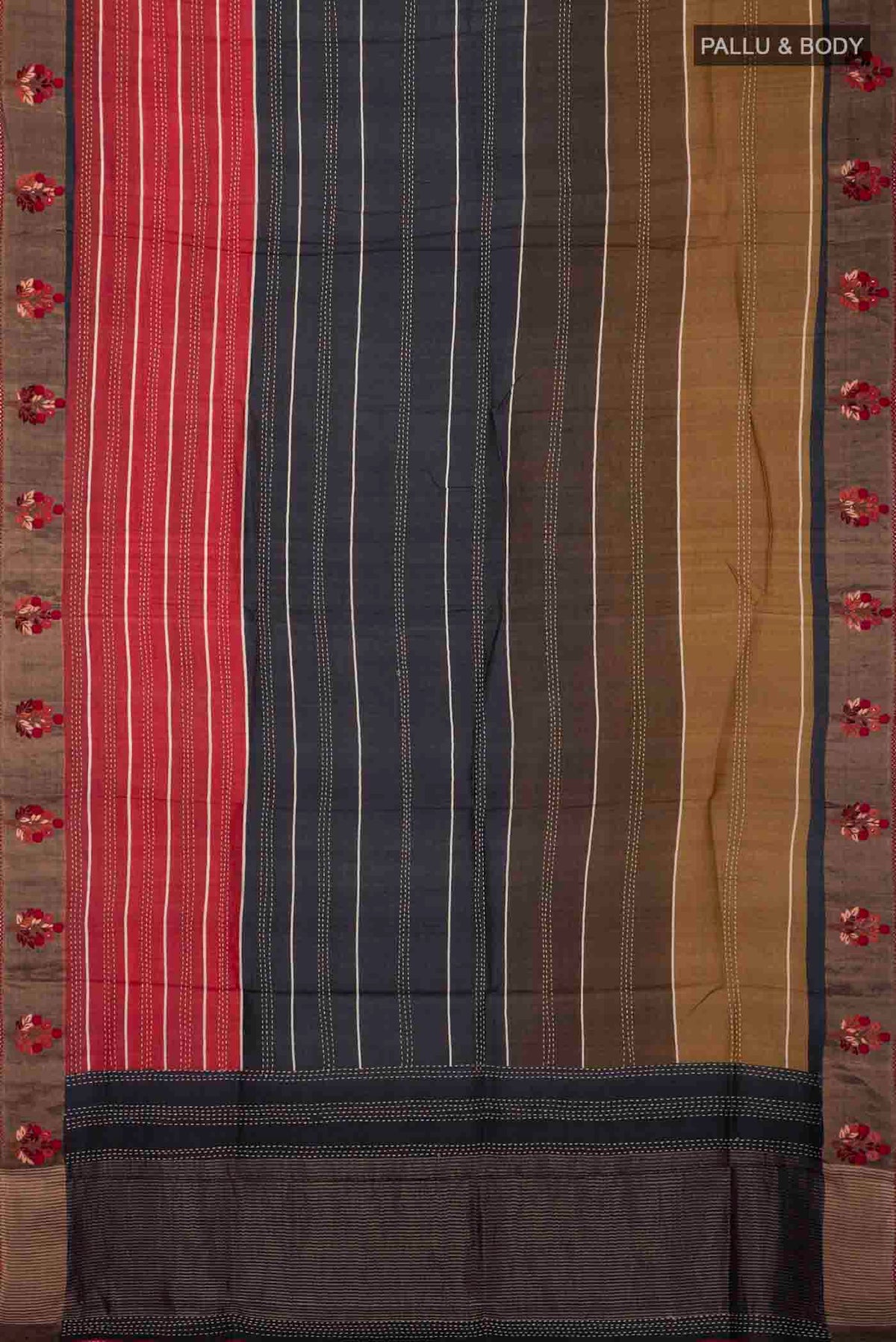 Flat view of Multi Color Tussar Silk Saree with Embroidery on the body and Embroidery Border