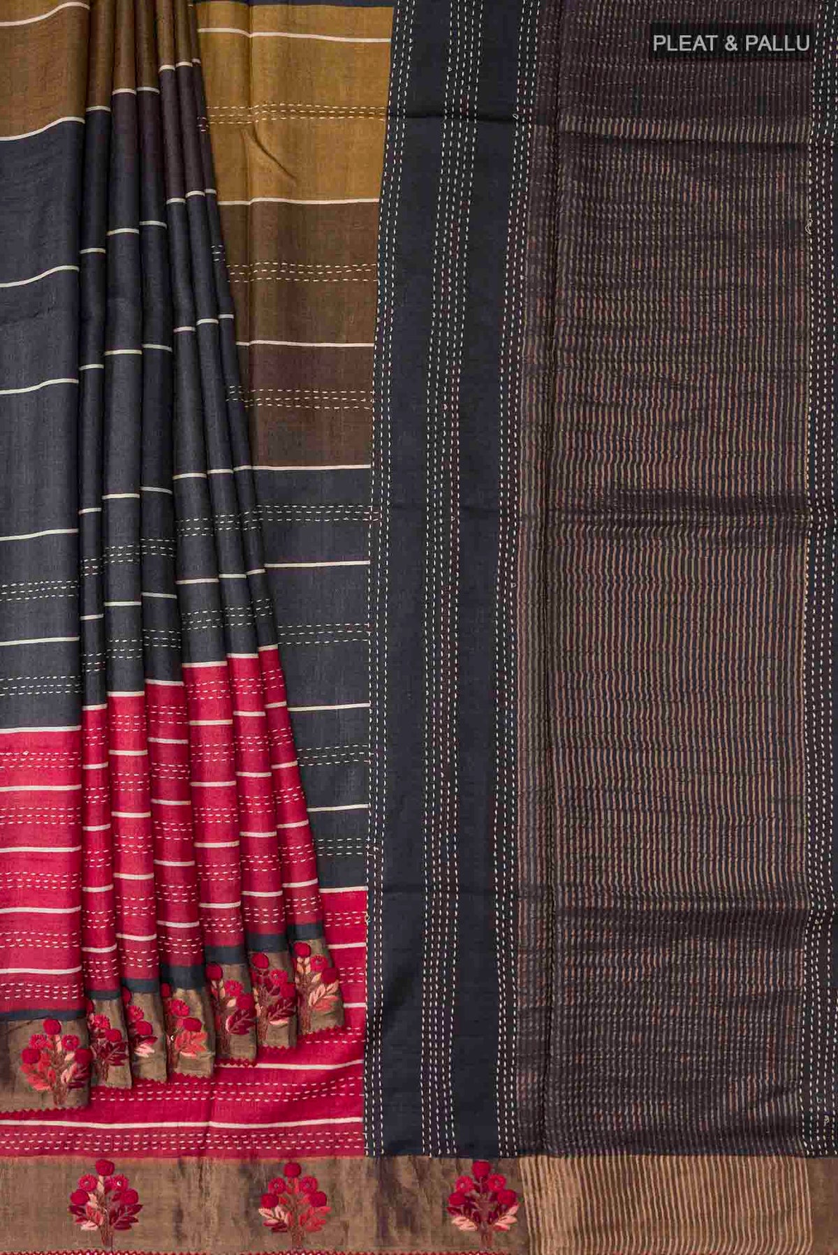 Pleats and pallu of Multi Color Tussar Silk Saree with Embroidery on the body and Embroidery Border