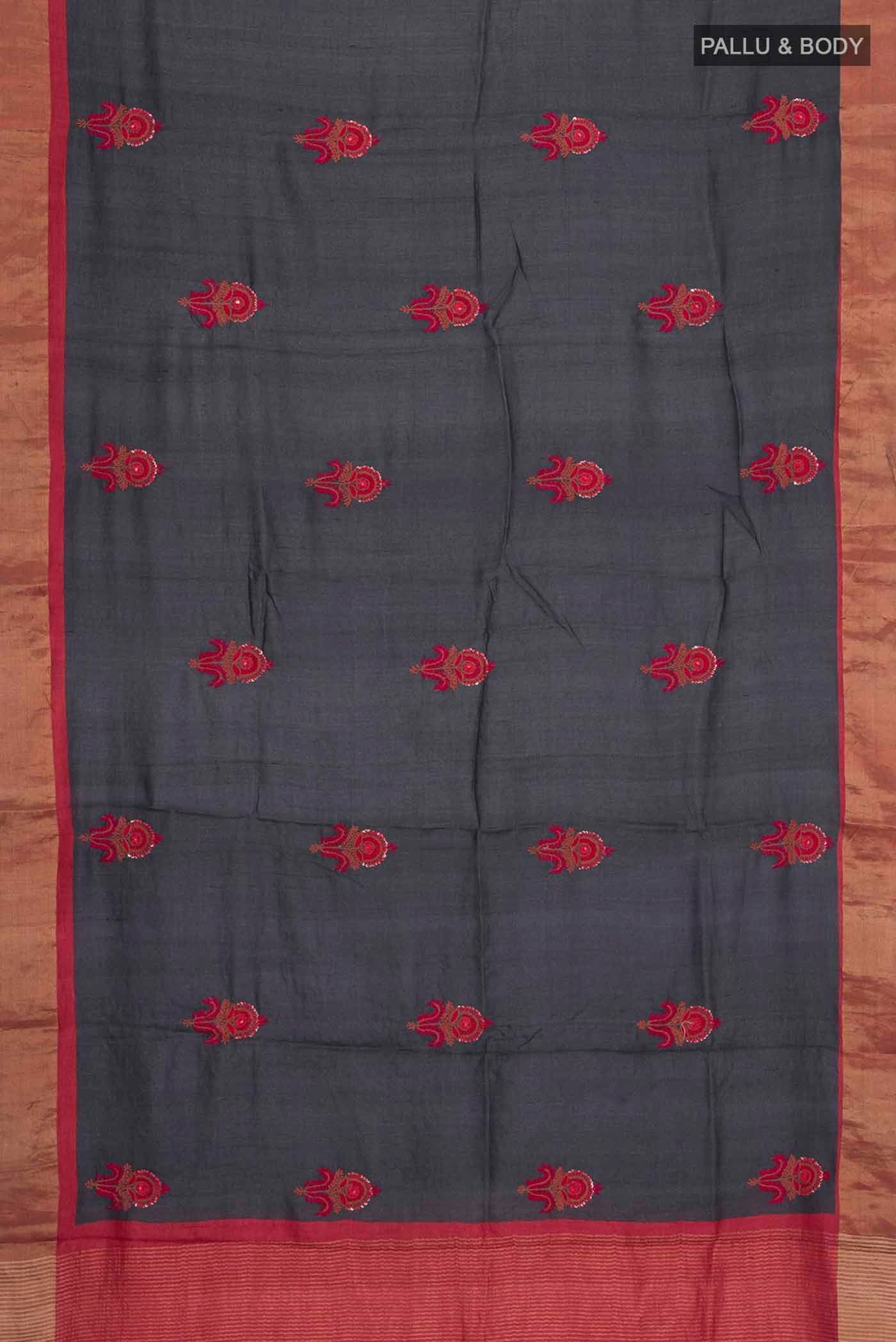Flat view of Blue Tussar Silk Saree with Embroidery on the body and Zari Border