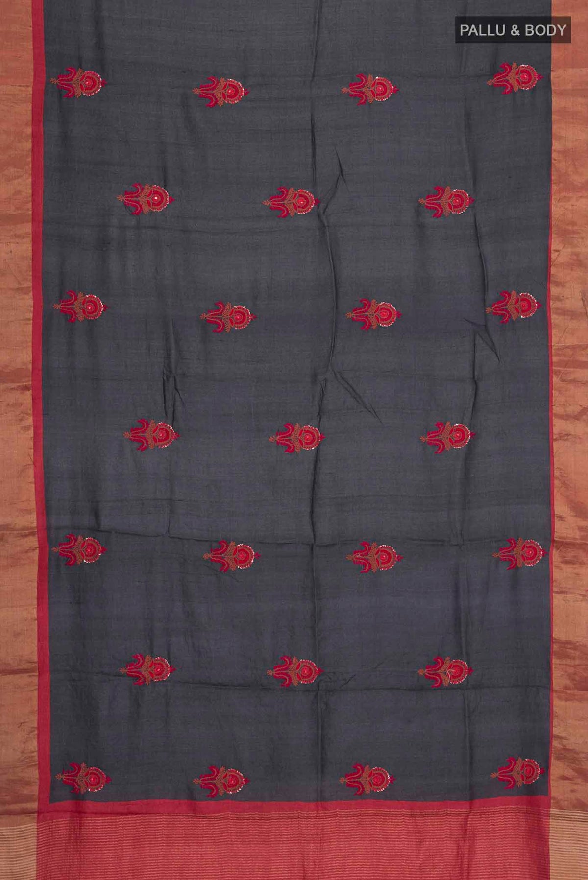 Flat view of Blue Tussar Silk Saree with Embroidery on the body and Zari Border