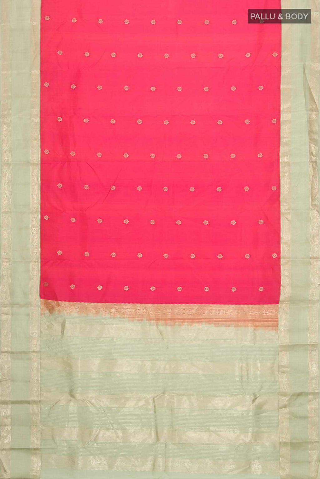 Flat view of Coral Kanchipuram Silk Saree with Zari Butta on the body and Zari Border