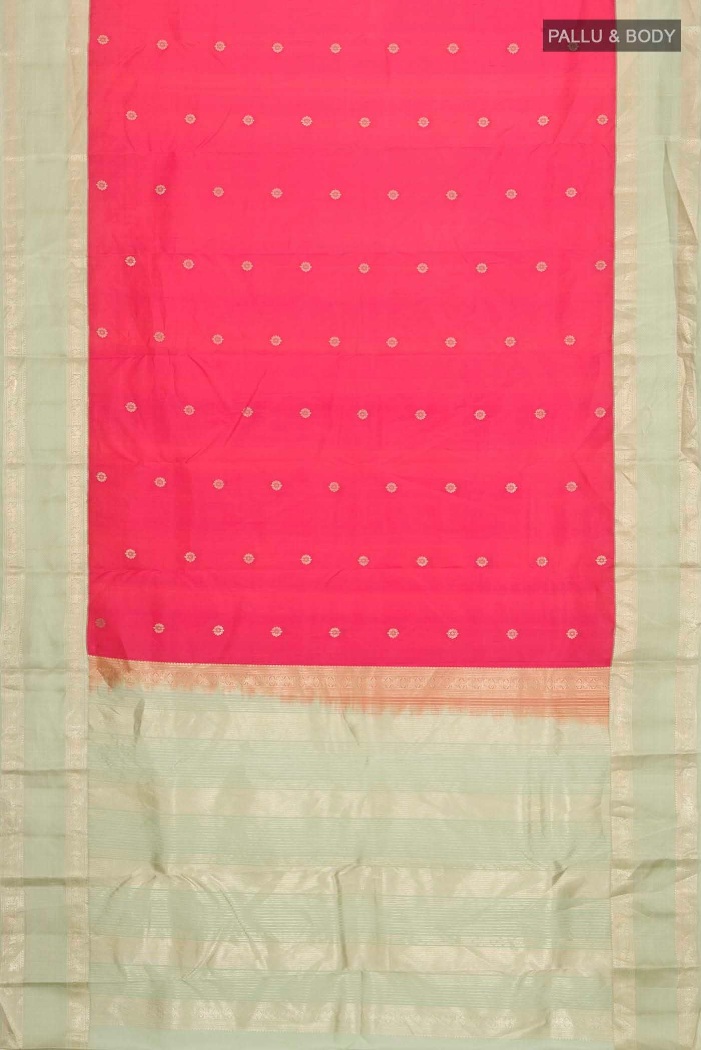Flat view of Coral Kanchipuram Silk Saree with Zari Butta on the body and Zari Border
