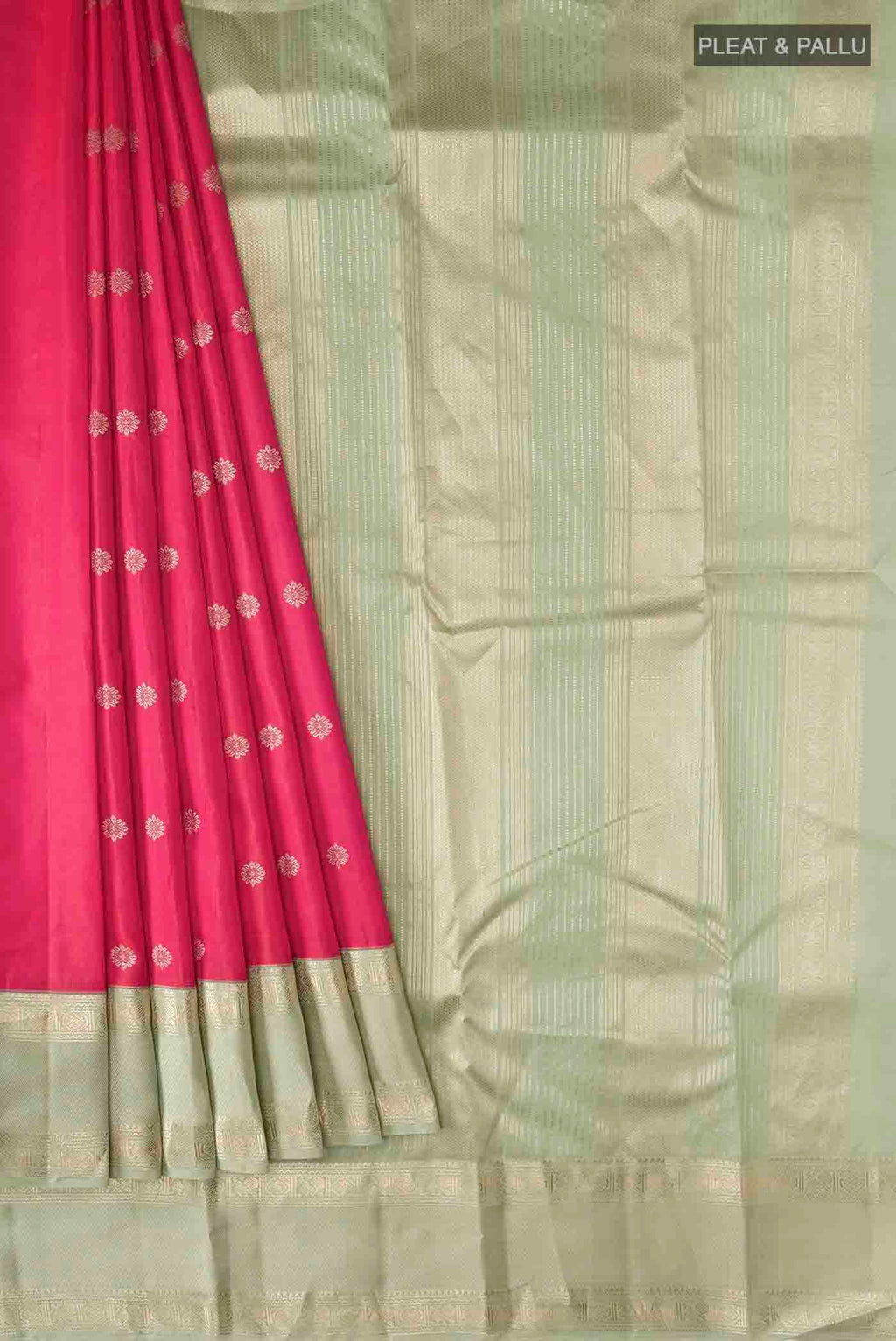 Pleats and pallu of Coral Kanchipuram Silk Saree with Zari Butta on the body and Zari Border