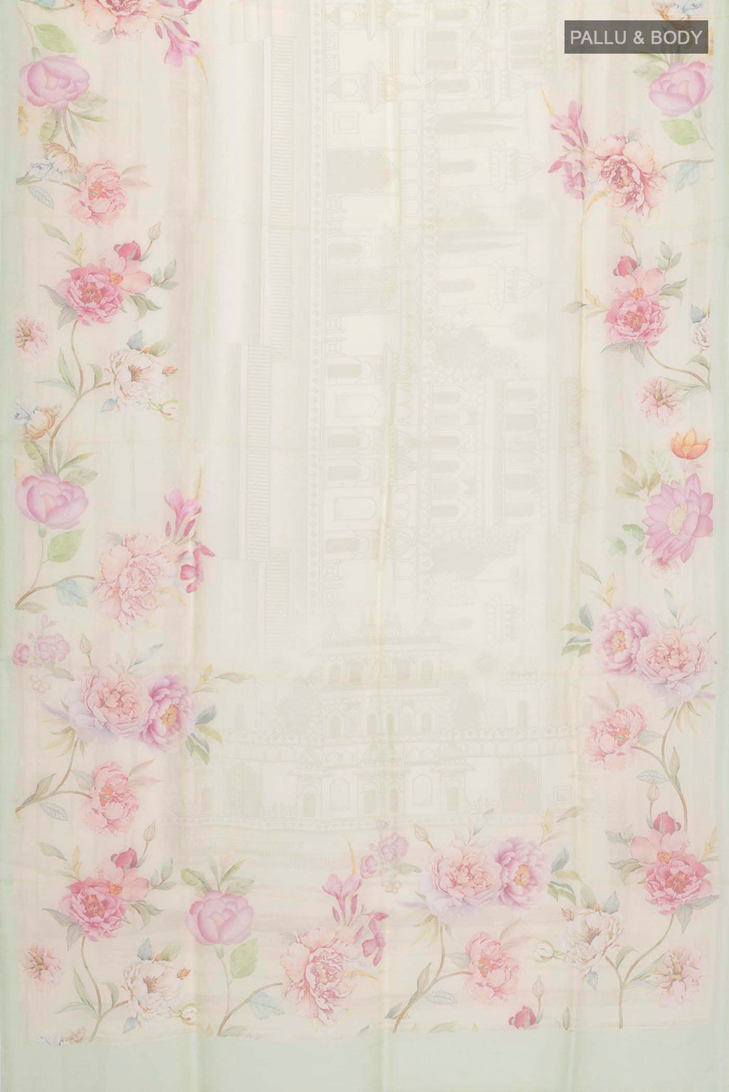 Flat view of Yellow Organza Silk Saree with Printed design on the body and Plain Border