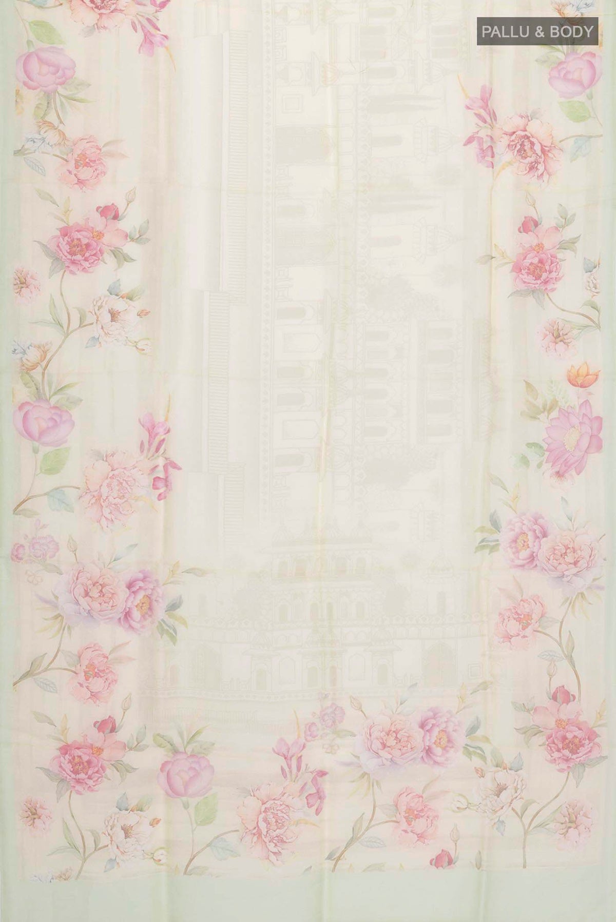 Flat view of Yellow Organza Silk Saree with Printed design on the body and Plain Border