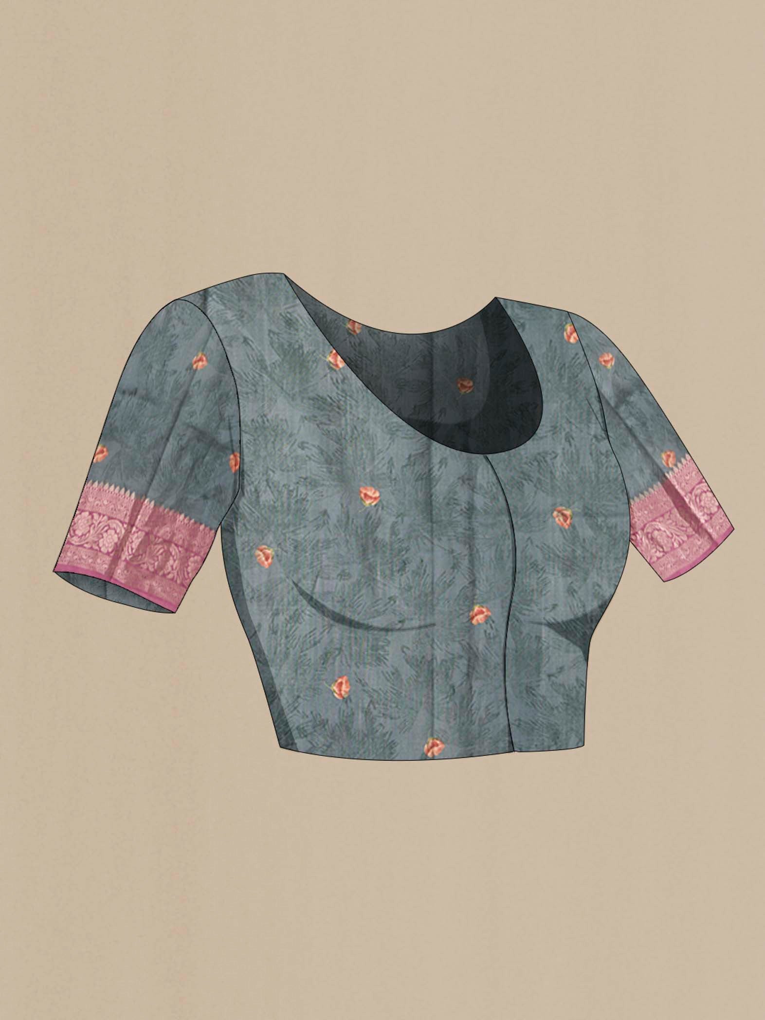 Close up image of the blouse of Grey Organza Silk Saree with Printed design on the body and Zari Border