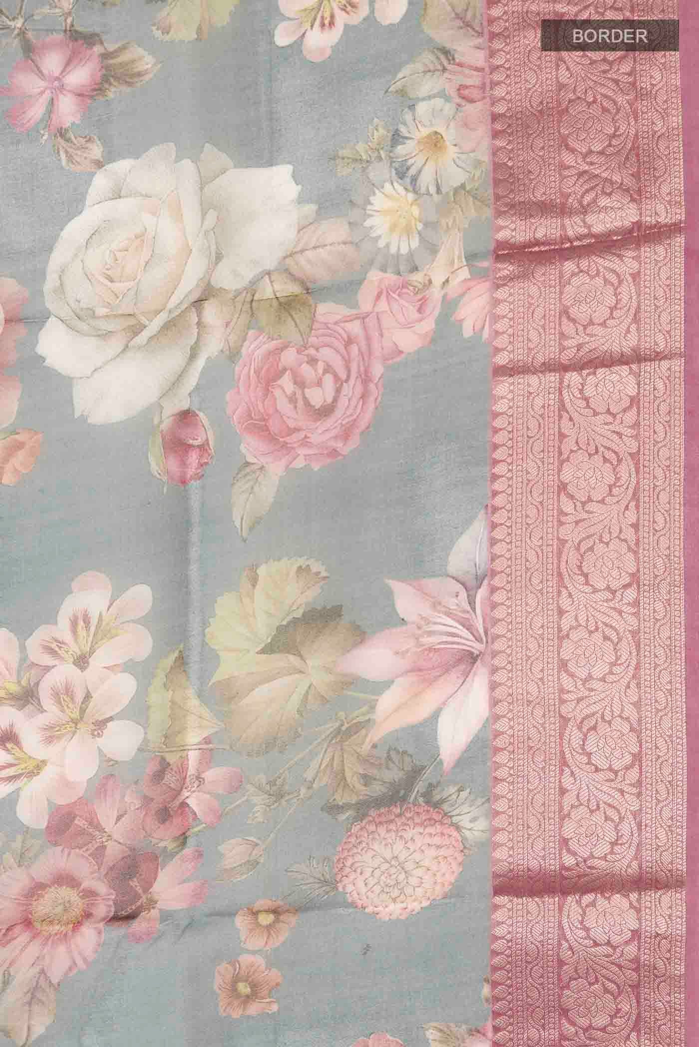 Border image of Grey Organza Silk Saree with Printed design on the body and Zari Border