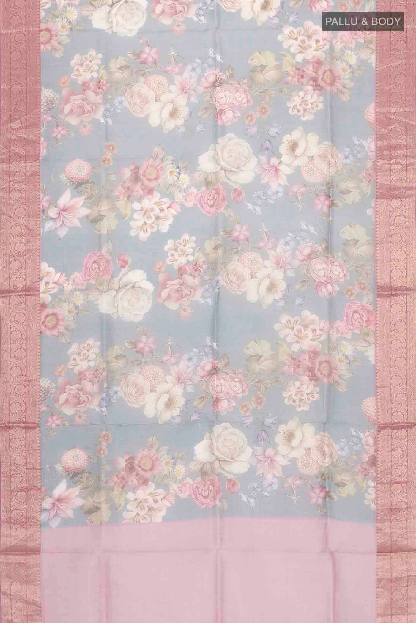Flat view of Grey Organza Silk Saree with Printed design on the body and Zari Border