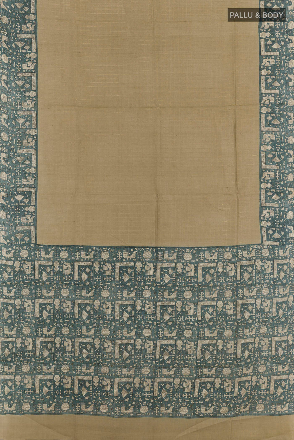 Flat view of Beige Tussar Saree with Checked design on the body and Zari Border. 