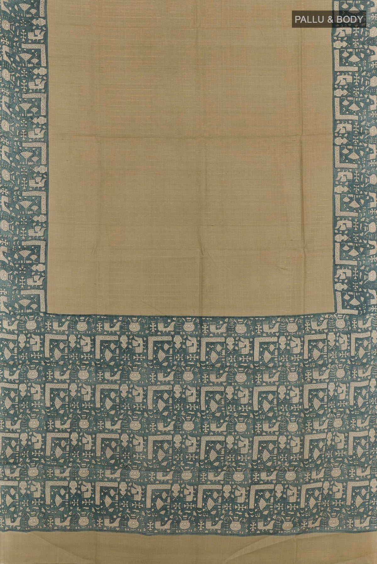 Flat view of Beige Tussar Saree with Checked design on the body and Zari Border. 