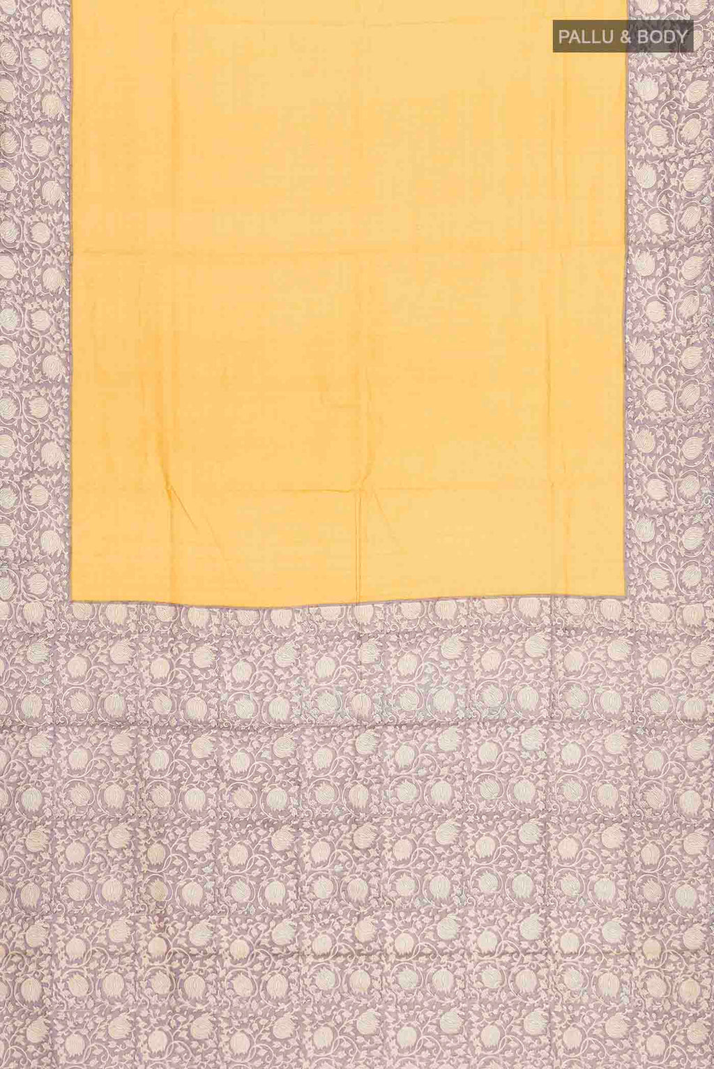 Flat view of Yellow Tussar Silk Saree with Checked design on the body and Printed Border