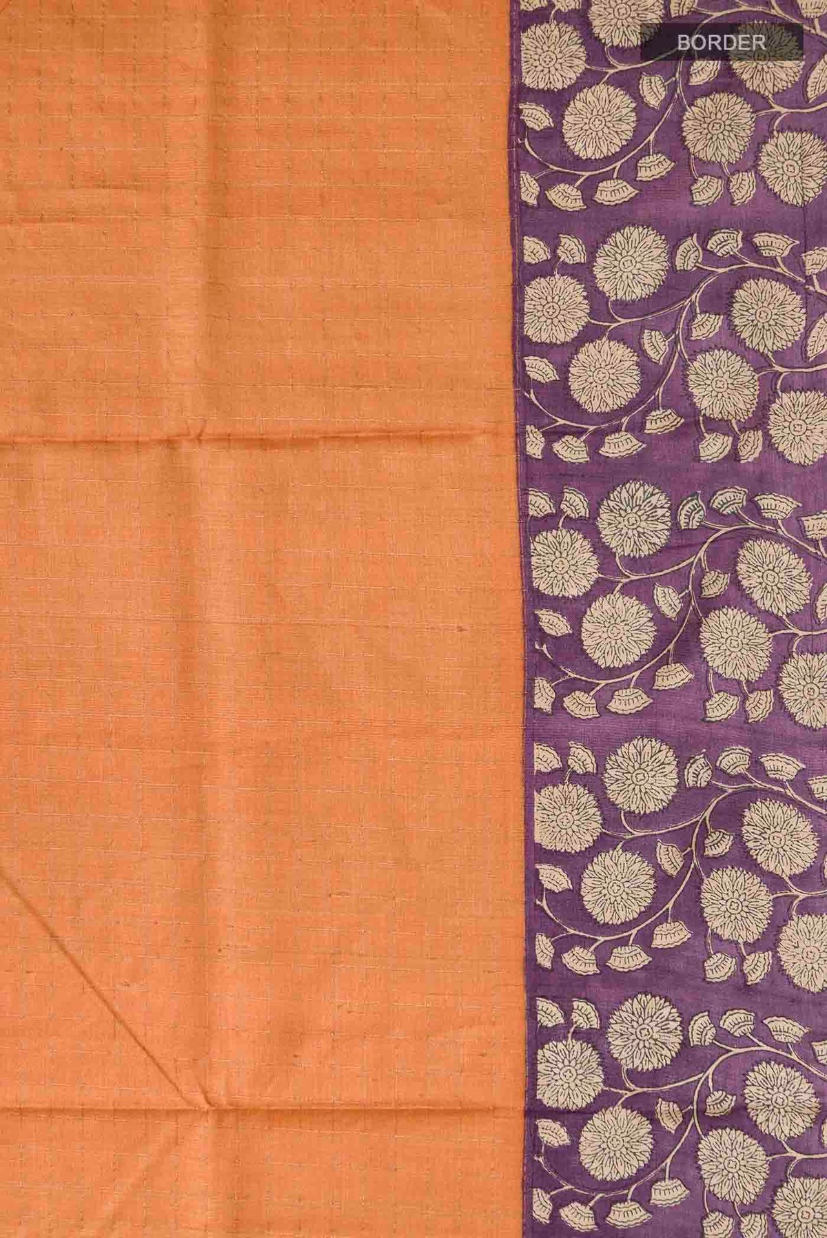 Border image of Orange Tussar Silk Saree with Checked design on the body and Printed Border