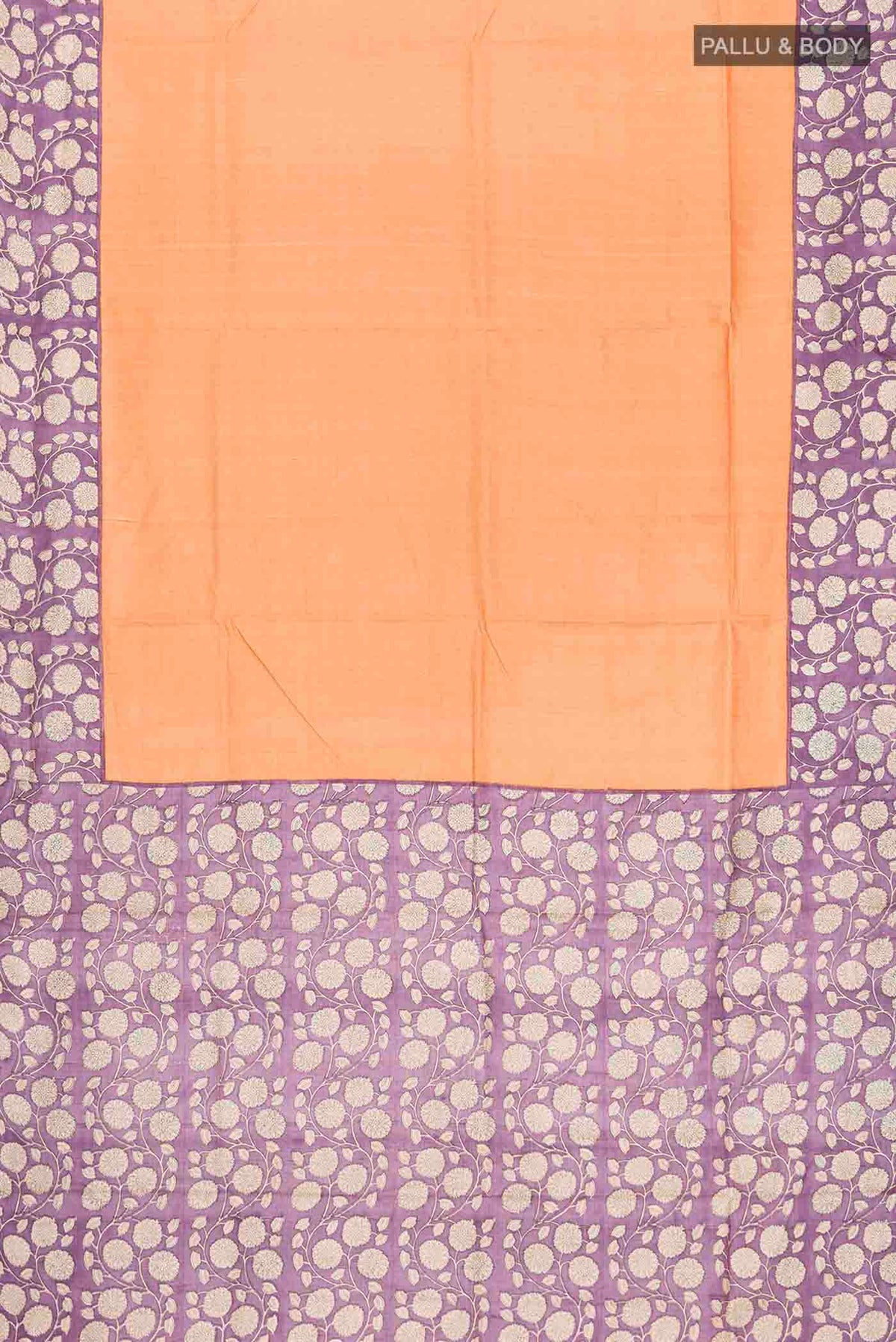 Flat view of Orange Tussar Silk Saree with Checked design on the body and Printed Border