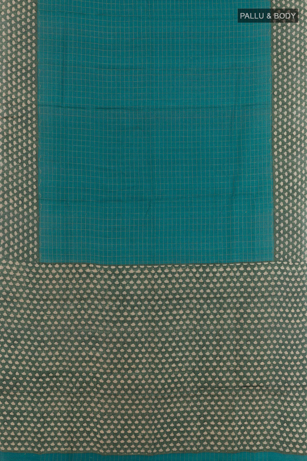 Flat view of Teal Tussar Saree with Checked design on the body and Printed Border. 