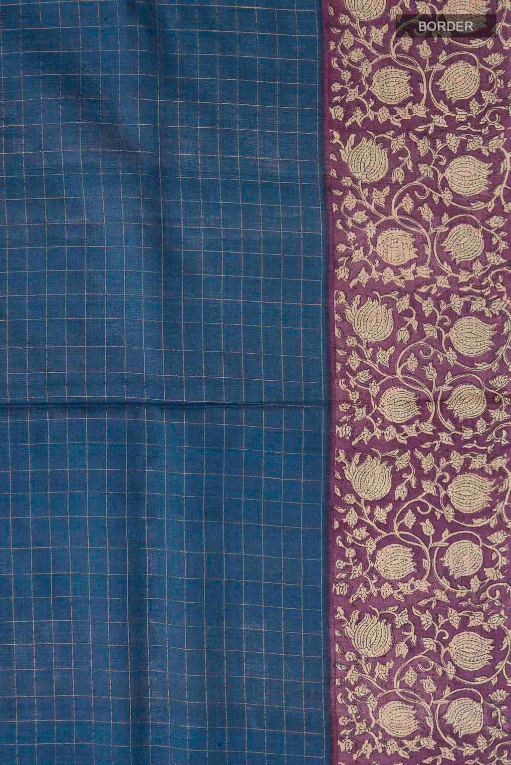 Border image of Blue Tussar Silk Saree with Checked design on the body and Printed Border