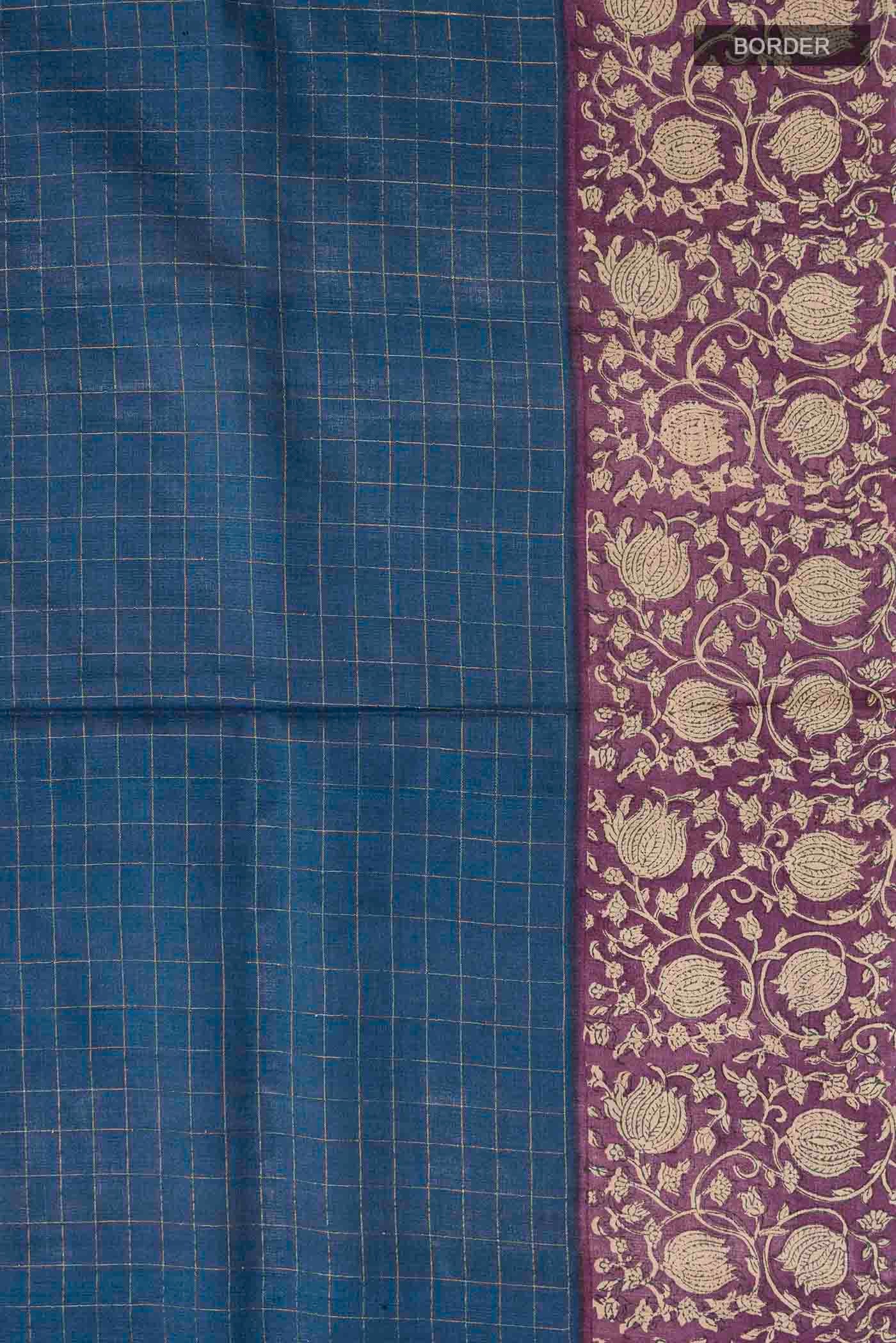 Border image of Blue Tussar Silk Saree with Checked design on the body and Printed Border