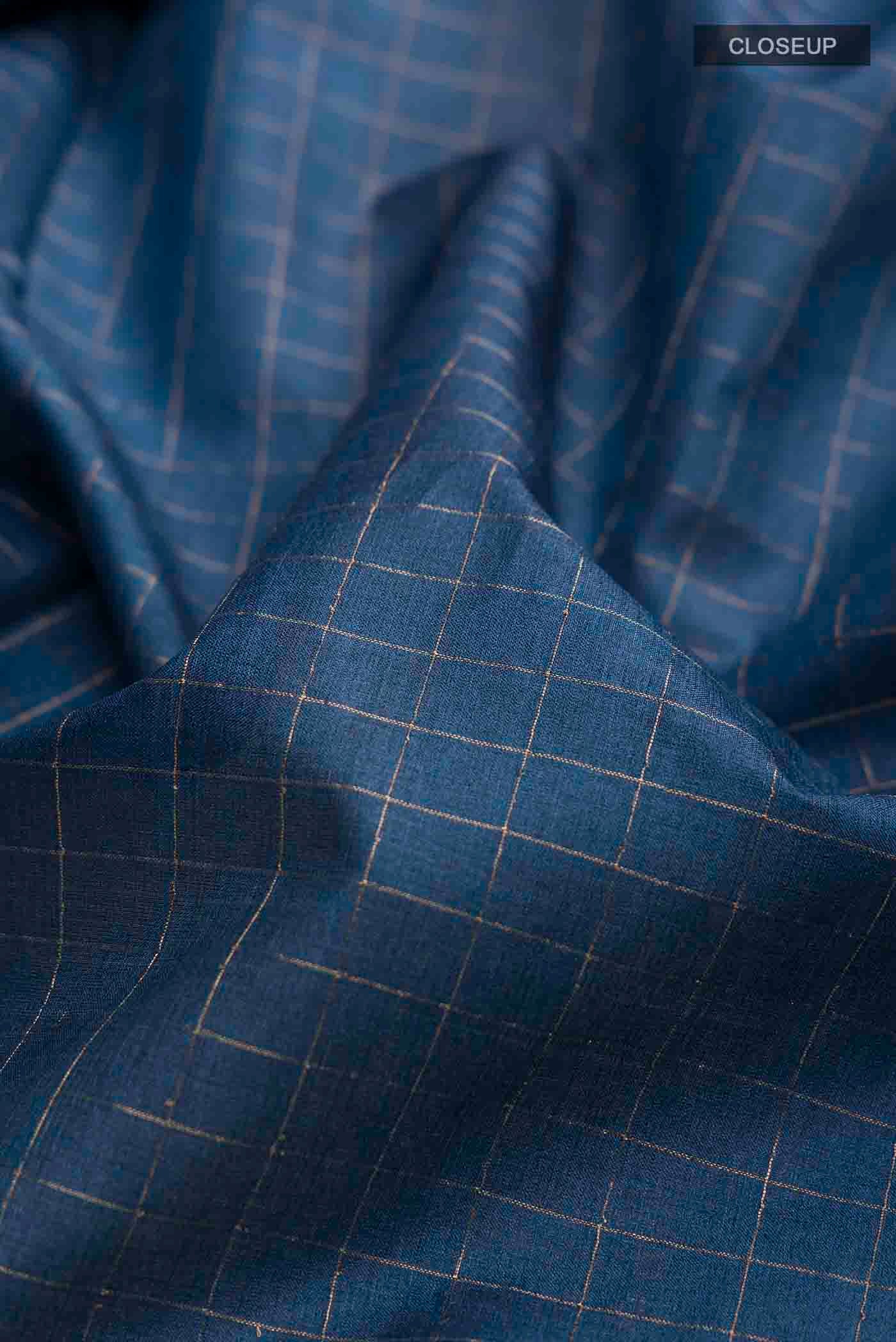 Close up of Blue Tussar Silk Saree with Checked design on the body and Printed Border displaying folds