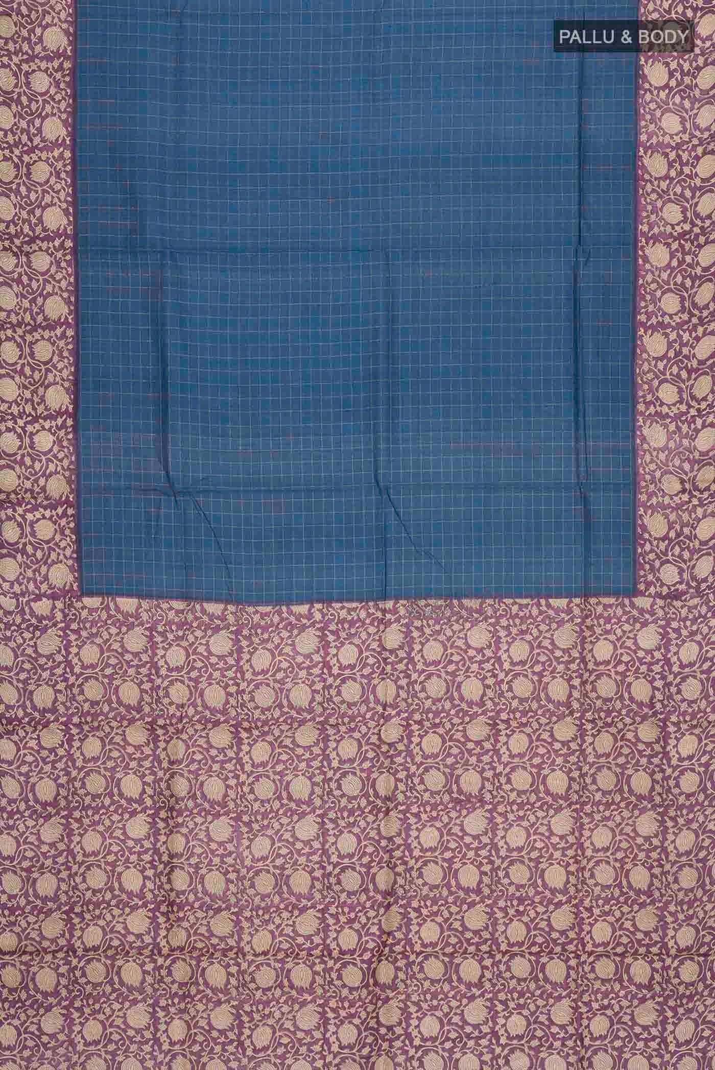 Flat view of Blue Tussar Silk Saree with Checked design on the body and Printed Border