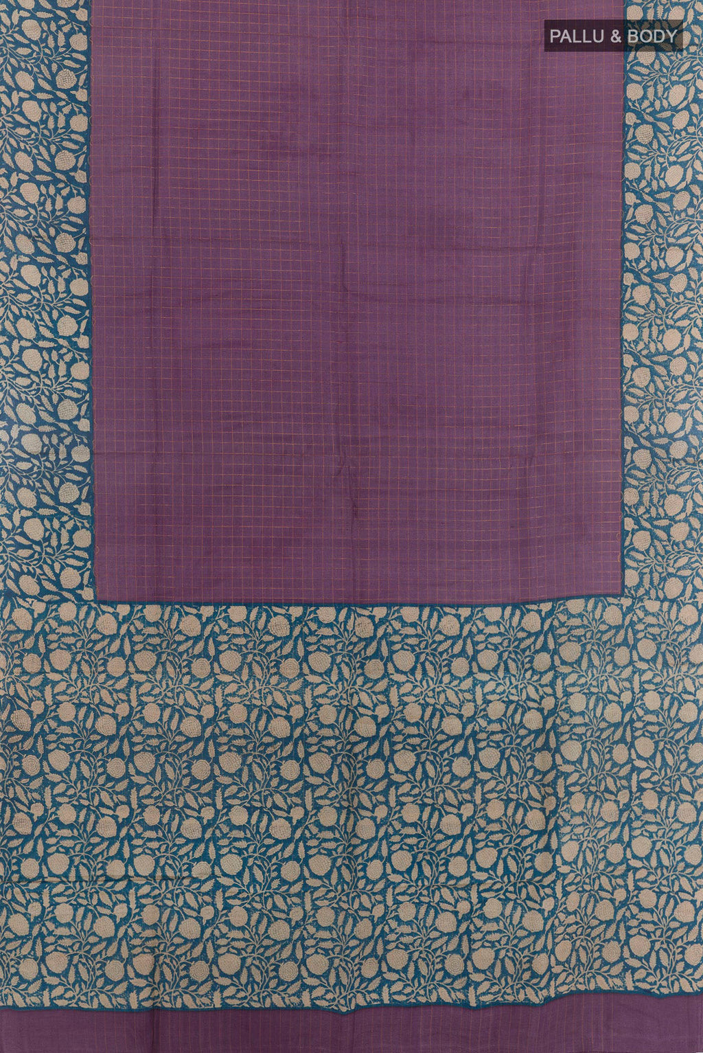 Flat view of Purple Tussar Saree with Checked design on the body and Printed Border. 
