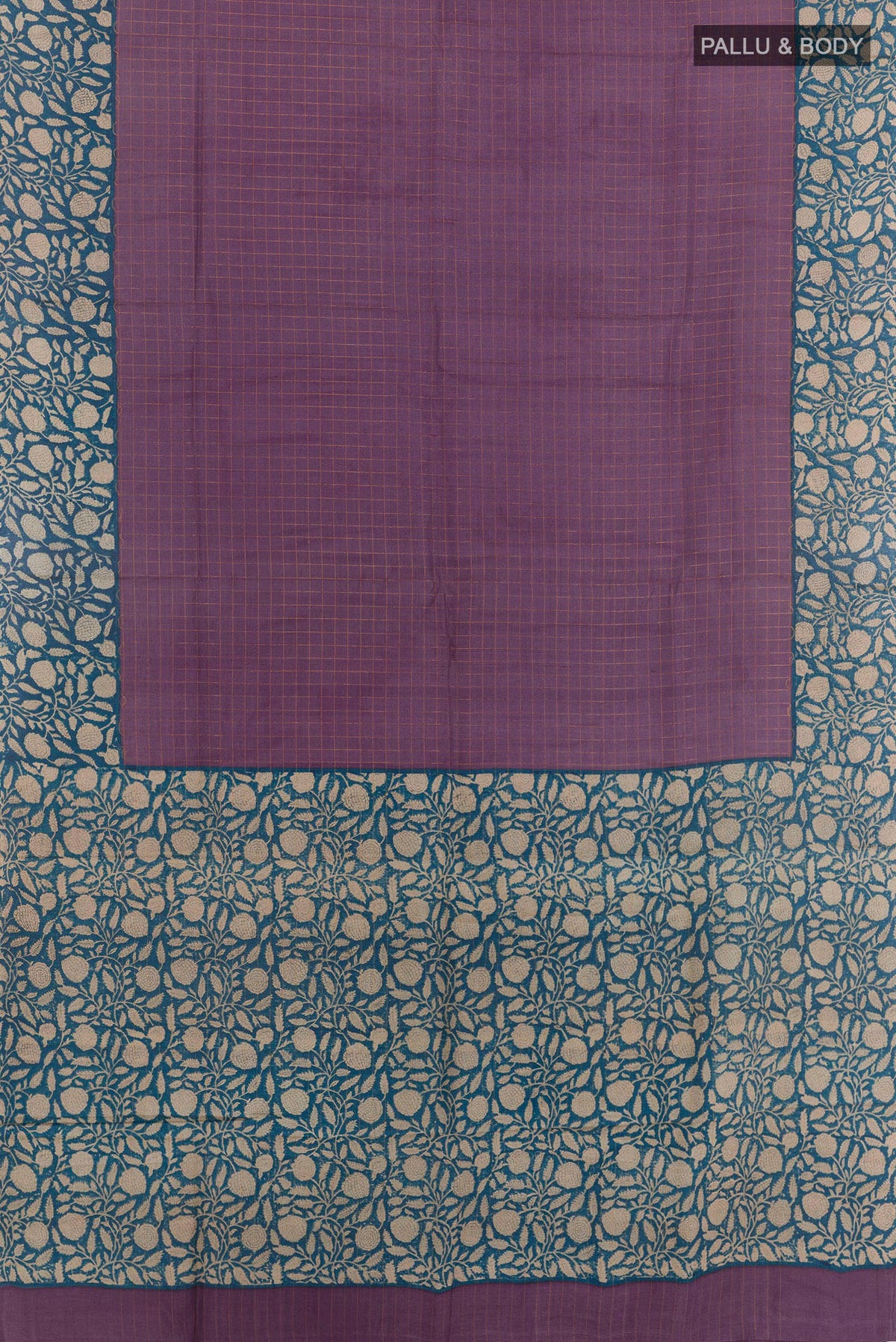 Flat view of Purple Tussar Saree with Checked design on the body and Printed Border. 