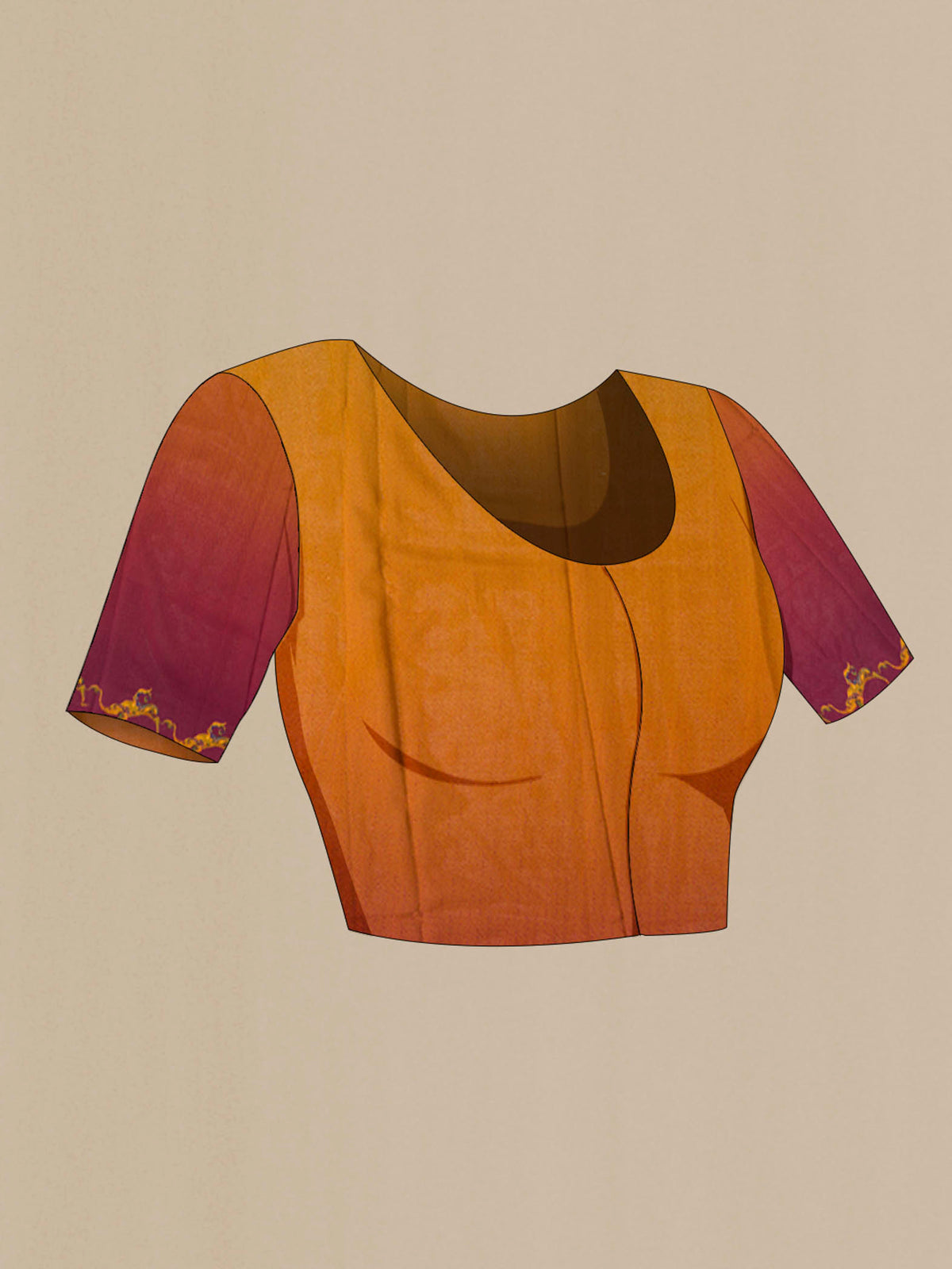 Close up image of the blouse of Multi Color Mysore Crepe Saree with Printed design on the body and Printed Border