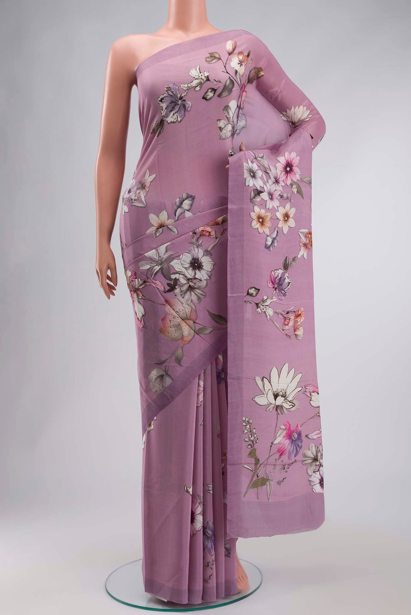 Lavender Mysore Crepe Saree with Printed design on the body and Plain Border displayed on a mannequin