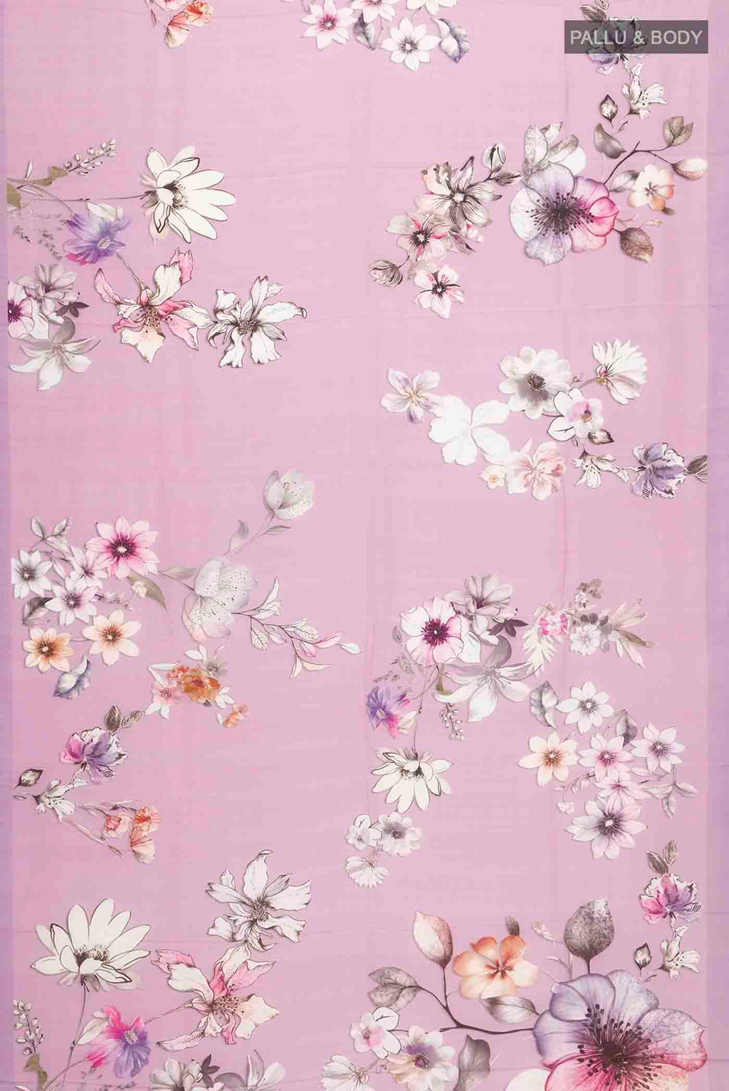 Flat view of Lavender Mysore Crepe Saree with Printed design on the body and Plain Border