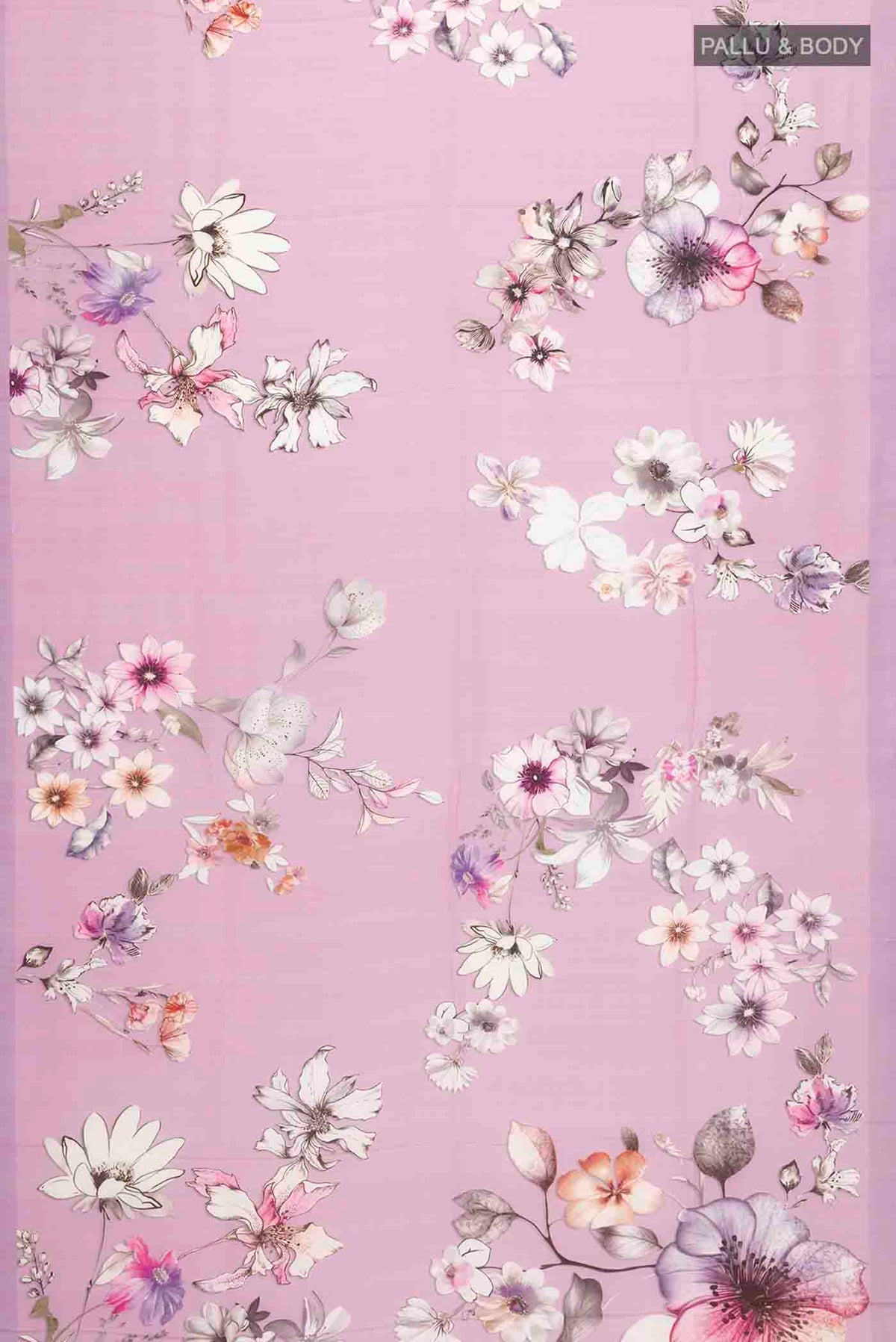 Flat view of Lavender Mysore Crepe Saree with Printed design on the body and Plain Border