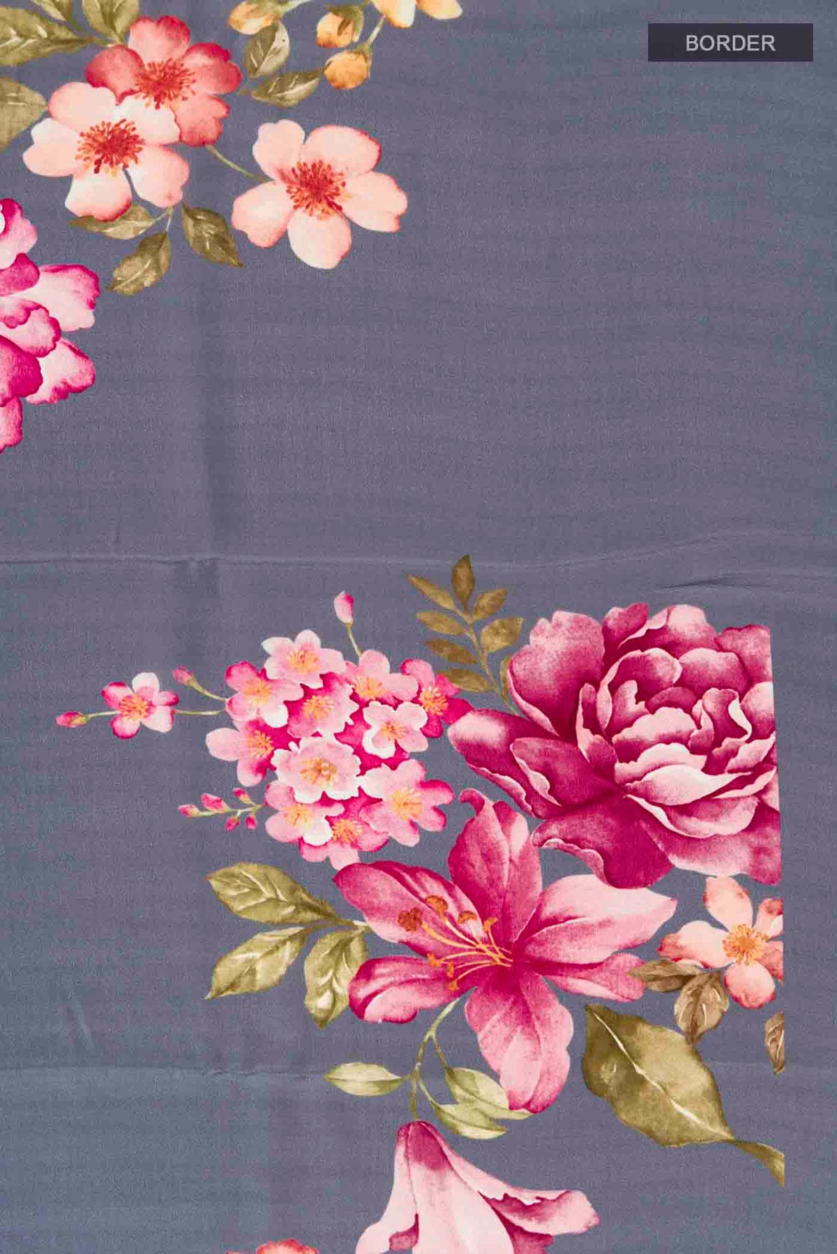 Border image of Grey Crepe Saree with Printed design on the body and Plain Border