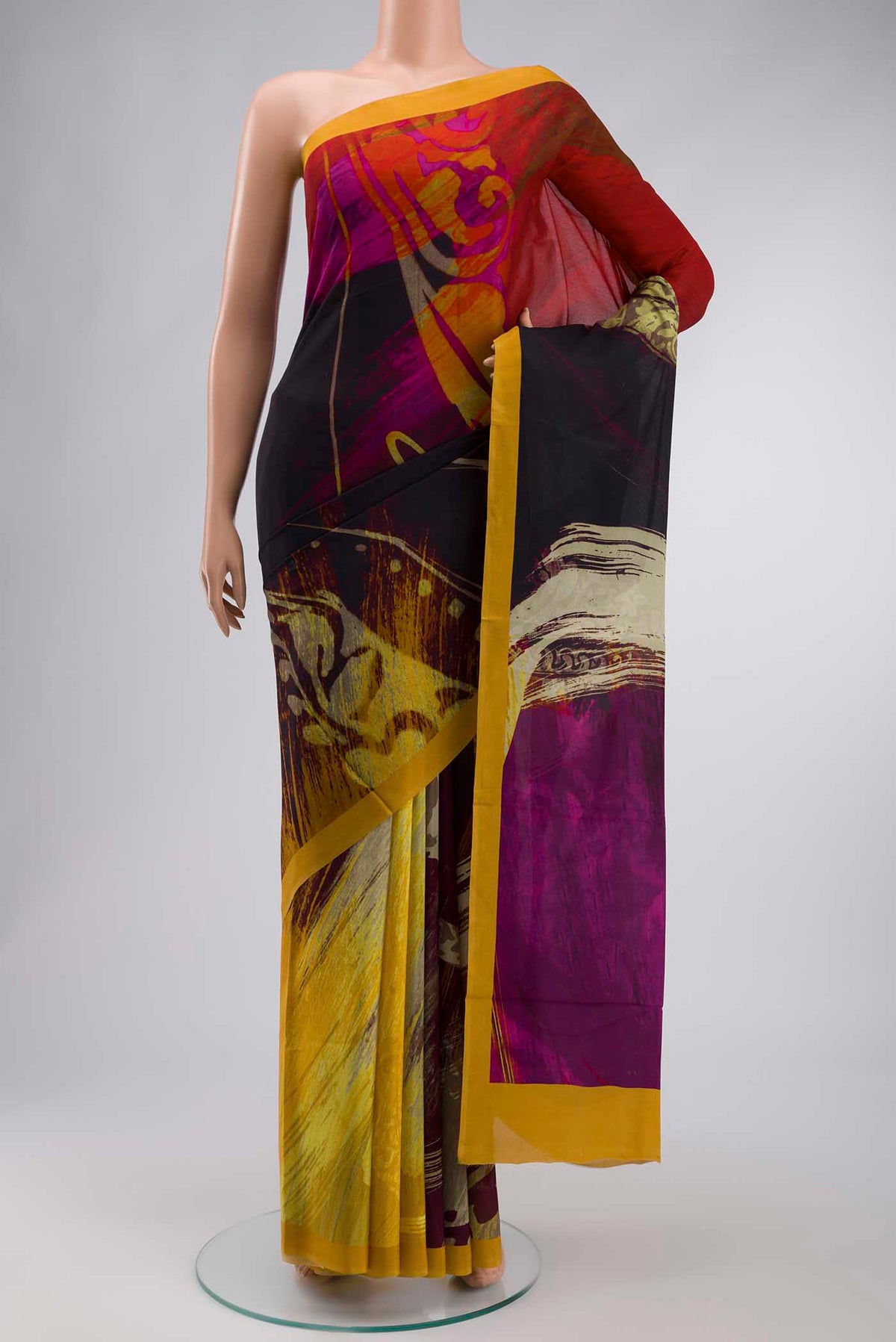 Multi Color Mysore Crepe Saree with Printed design on the body and Plain Border displayed on a mannequin