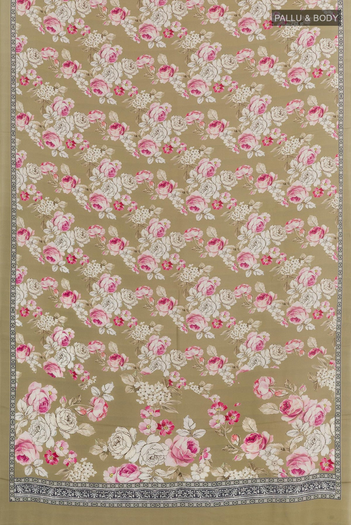 Flat view of Beige Crepe Saree with Printed design on the body and Printed Border. 