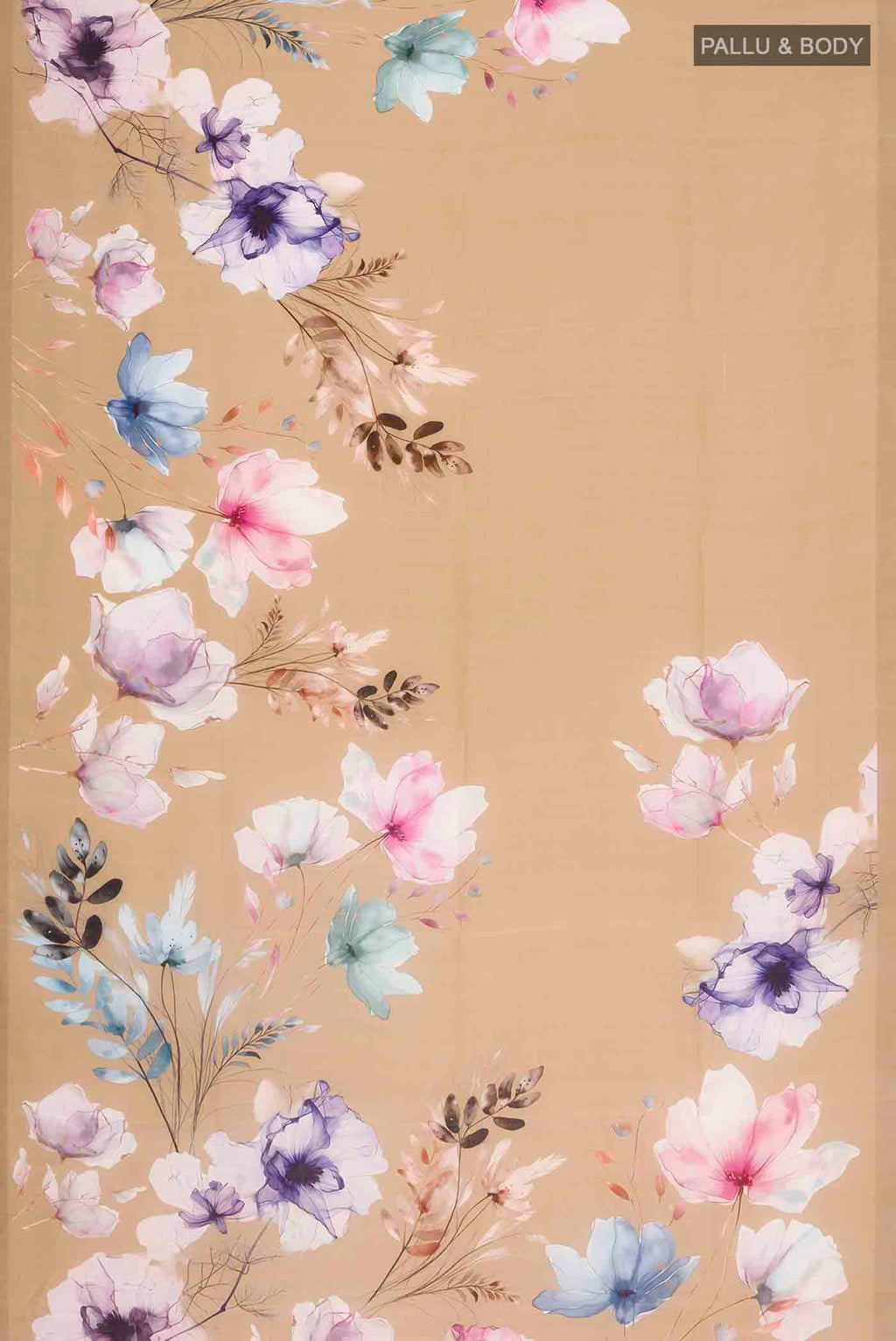 Flat view of Dark Beige Mysore Crepe Saree with Printed design on the body and Plain Border