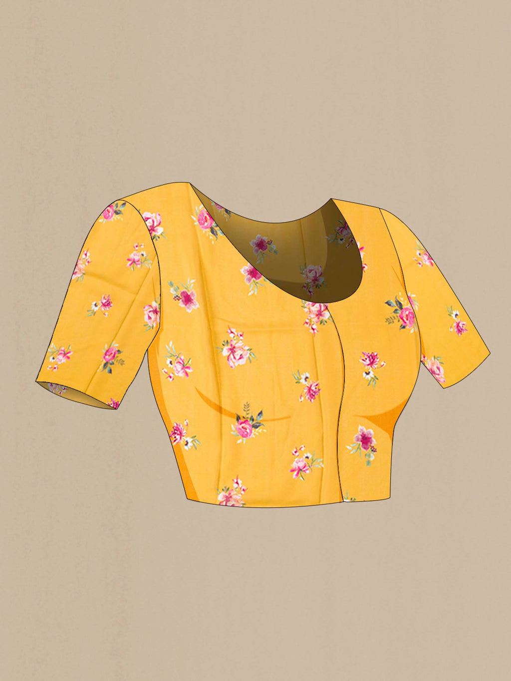 Close up image of the blouse of Yellow Mysore Crepe Saree with Printed design on the body and Plain Border