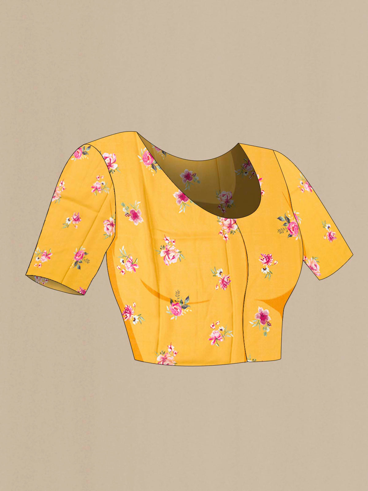 Close up image of the blouse of Yellow Mysore Crepe Saree with Printed design on the body and Plain Border