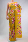 Yellow Mysore Crepe Saree with Printed design on the body and Plain Border displayed on a mannequin