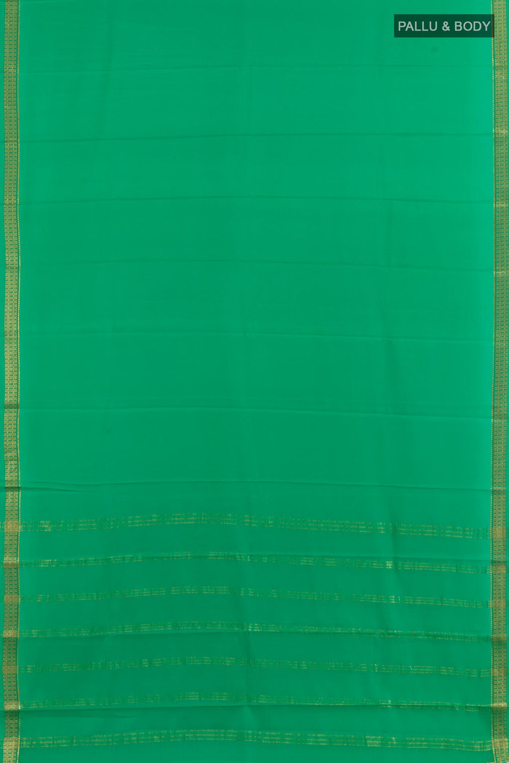 Flat view of Green Mysore Crepe Saree with Plain Body and Zari Border. 