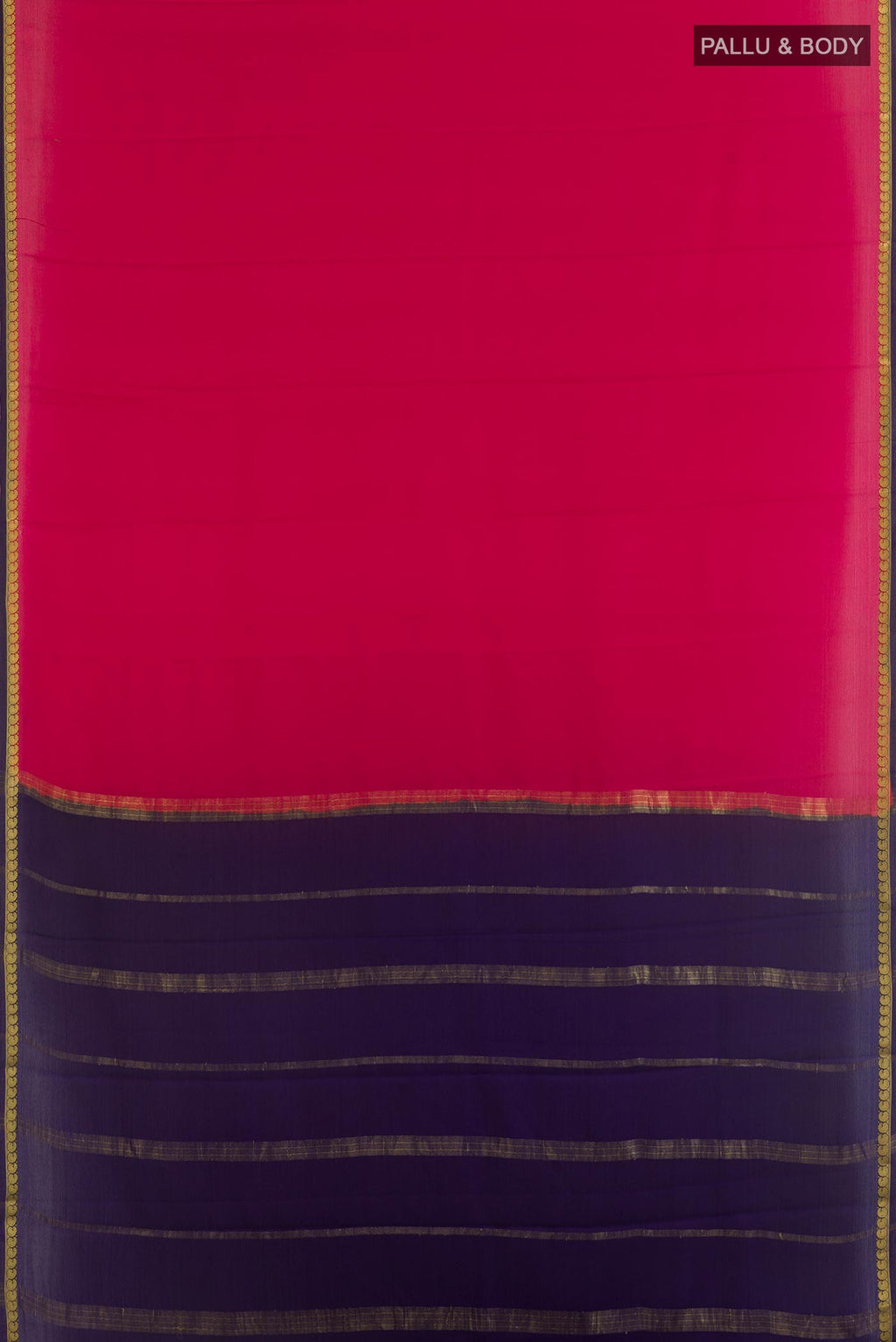 Flat view of Pink Mysore Crepe Saree with Plain Body and Zari Border. 