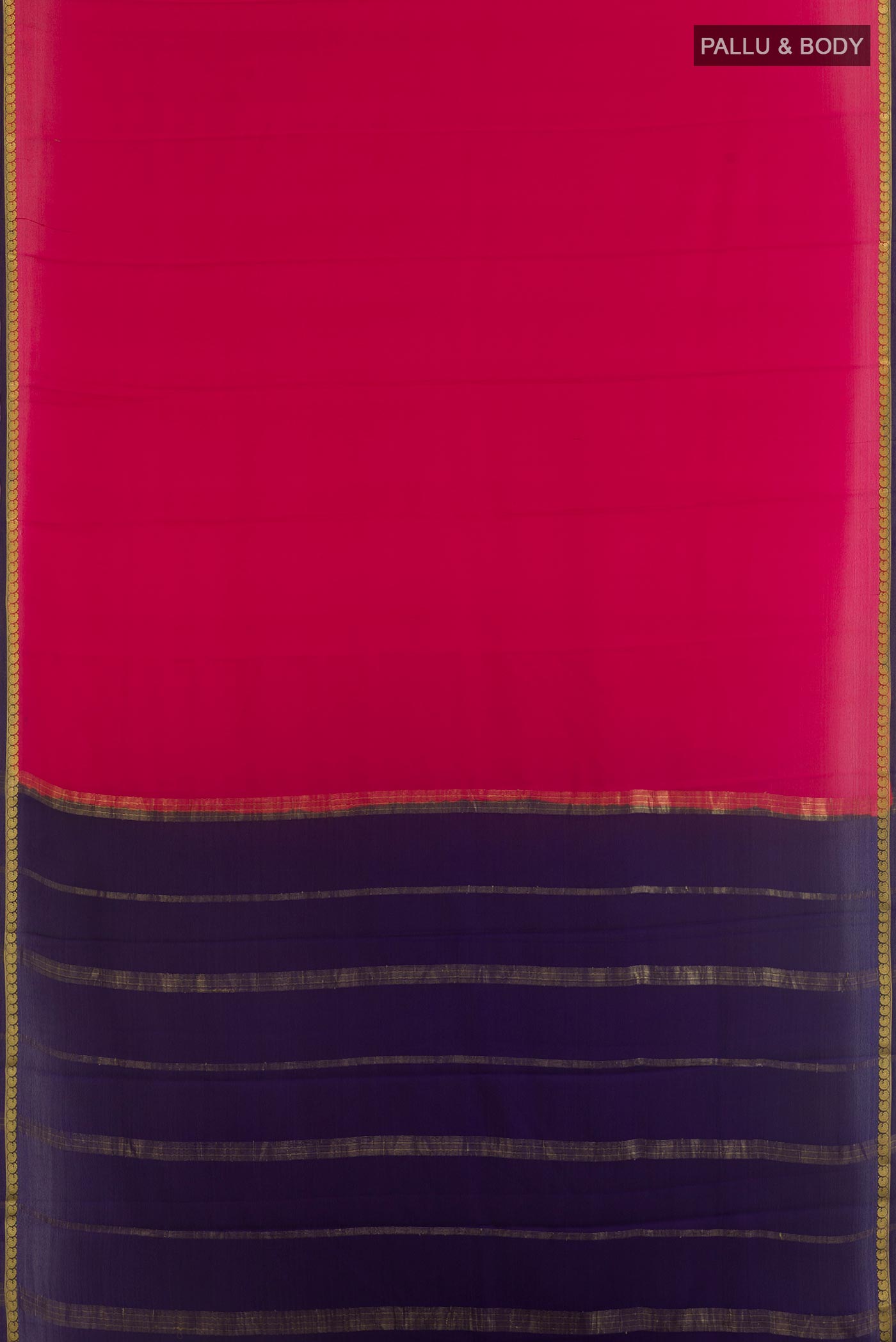 Flat view of Pink Mysore Crepe Saree with Plain Body and Zari Border. 