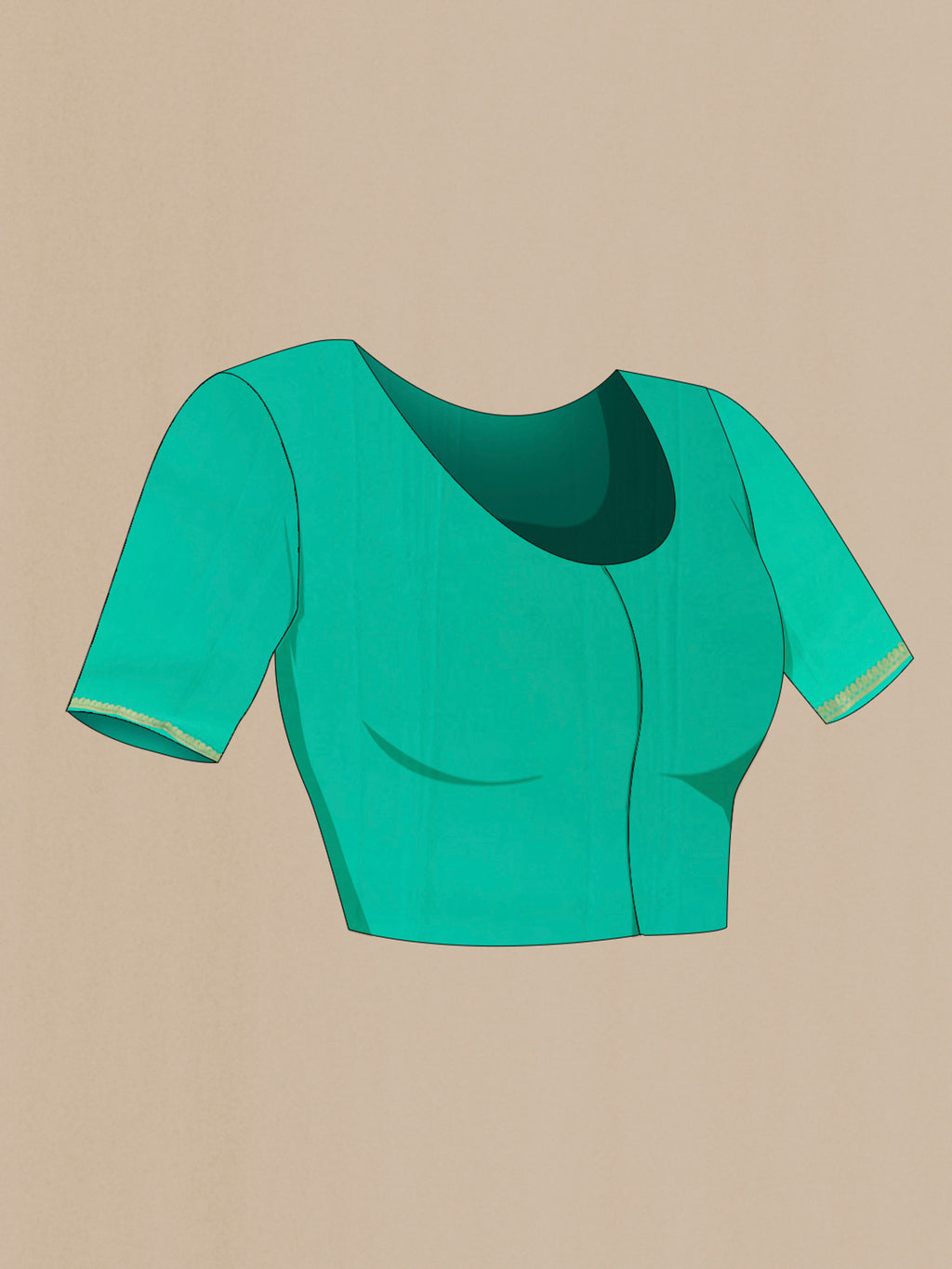 Close up image of the blouse of Sea Green Mysore Crepe Saree with Plain Body and Zari Border. 