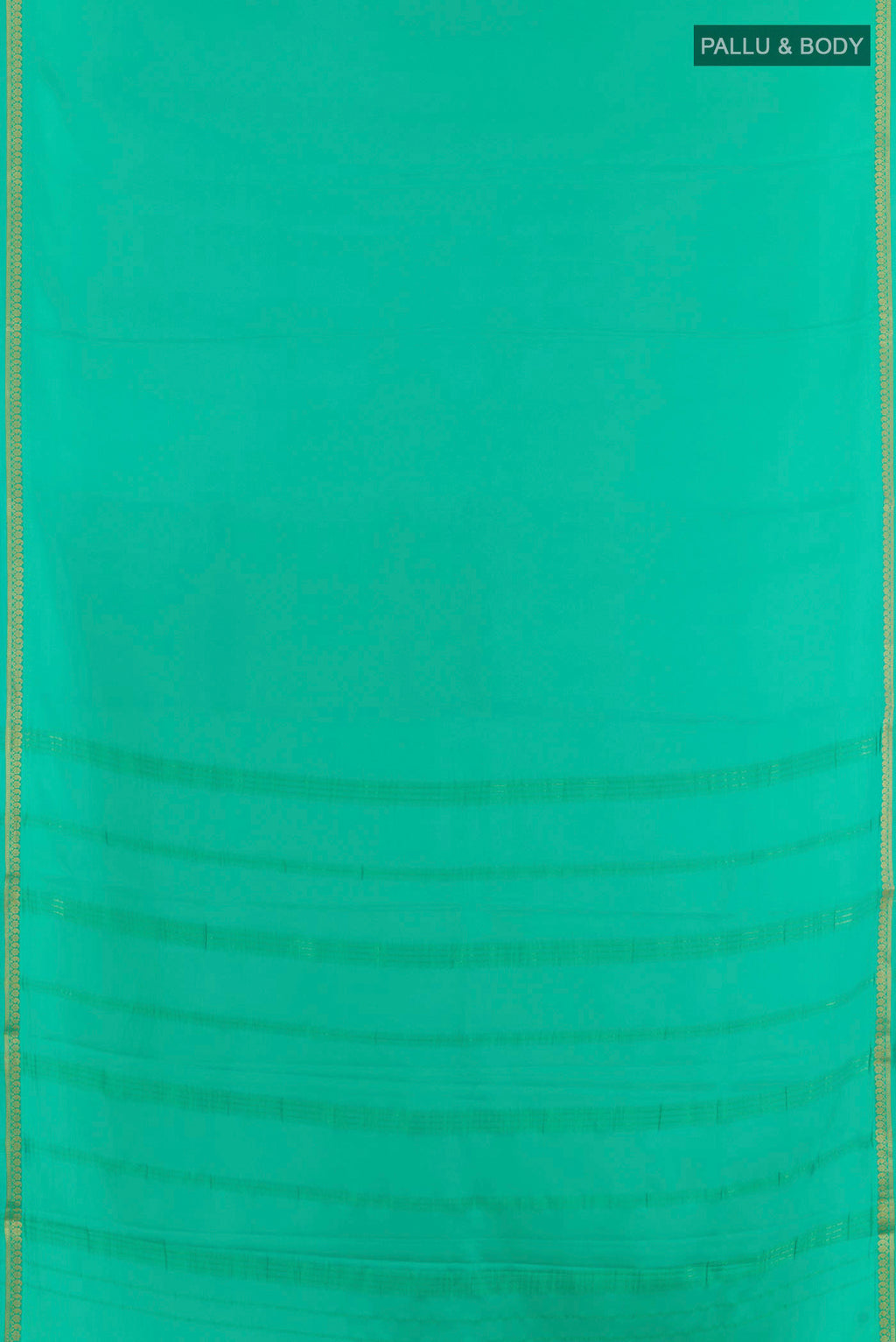 Flat view of Sea Green Mysore Crepe Saree with Plain Body and Zari Border. 