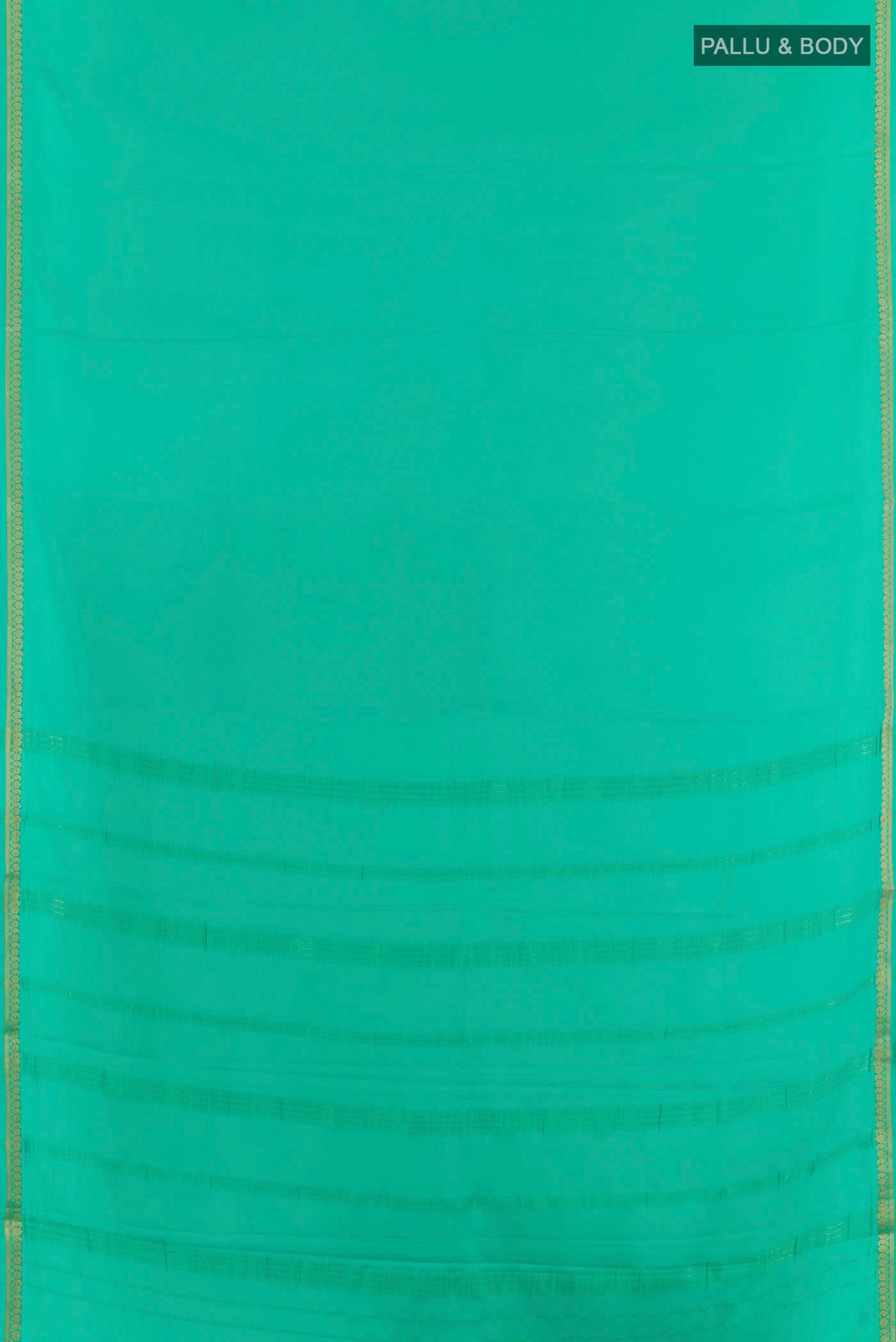 Flat view of Sea Green Mysore Crepe Saree with Plain Body and Zari Border. 
