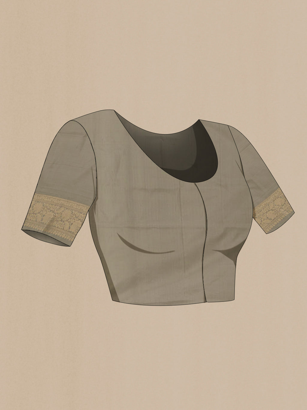 Close up image of the blouse of Grey Banarasi Silk Saree with Zari Brocade on the body and Zari Border. 