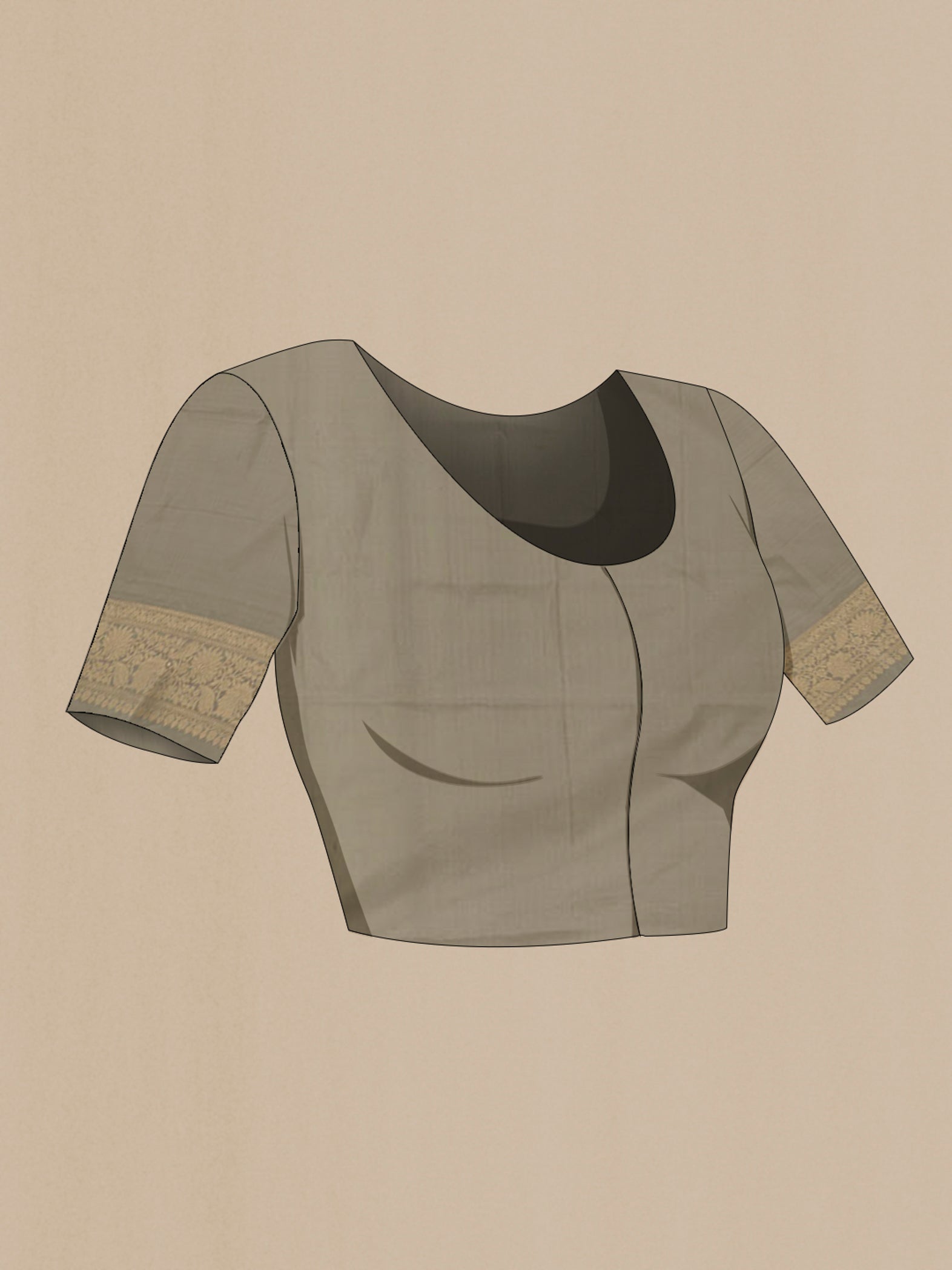 Close up image of the blouse of Grey Banarasi Silk Saree with Zari Brocade on the body and Zari Border. 