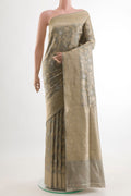 Grey Banarasi Silk Saree with Zari Brocade on the body and Zari Border.  displayed on a mannequin