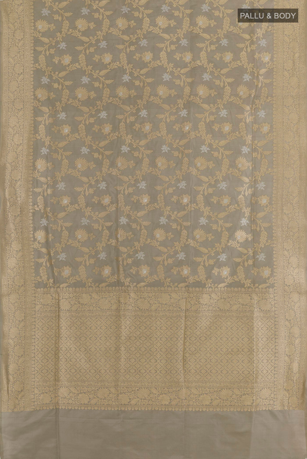 Flat view of Grey Banarasi Silk Saree with Zari Brocade on the body and Zari Border. 