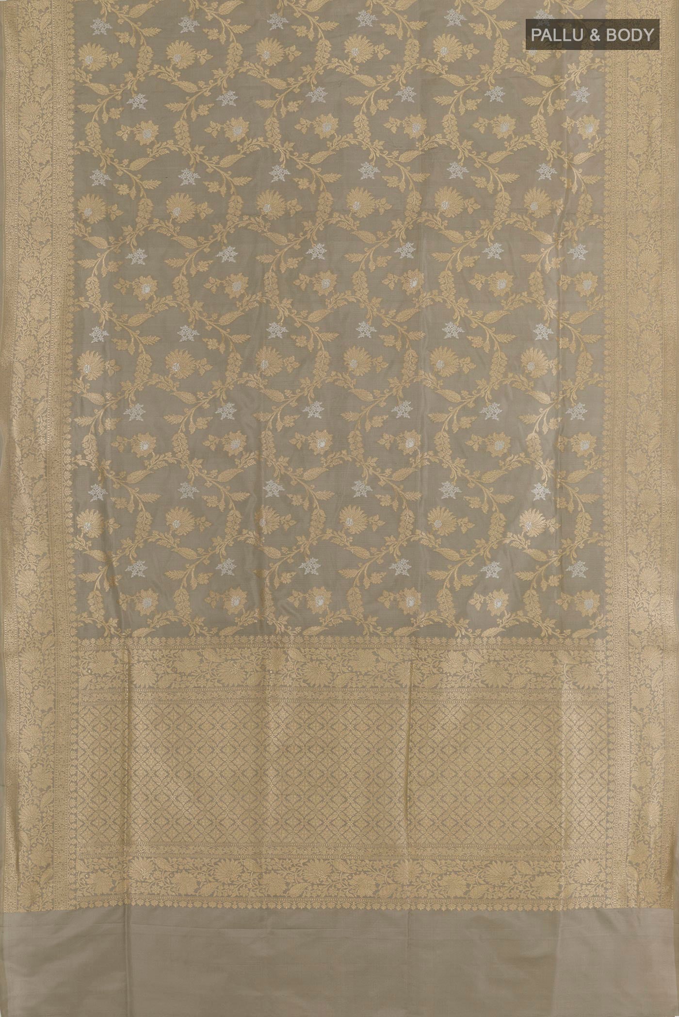 Flat view of Grey Banarasi Silk Saree with Zari Brocade on the body and Zari Border. 